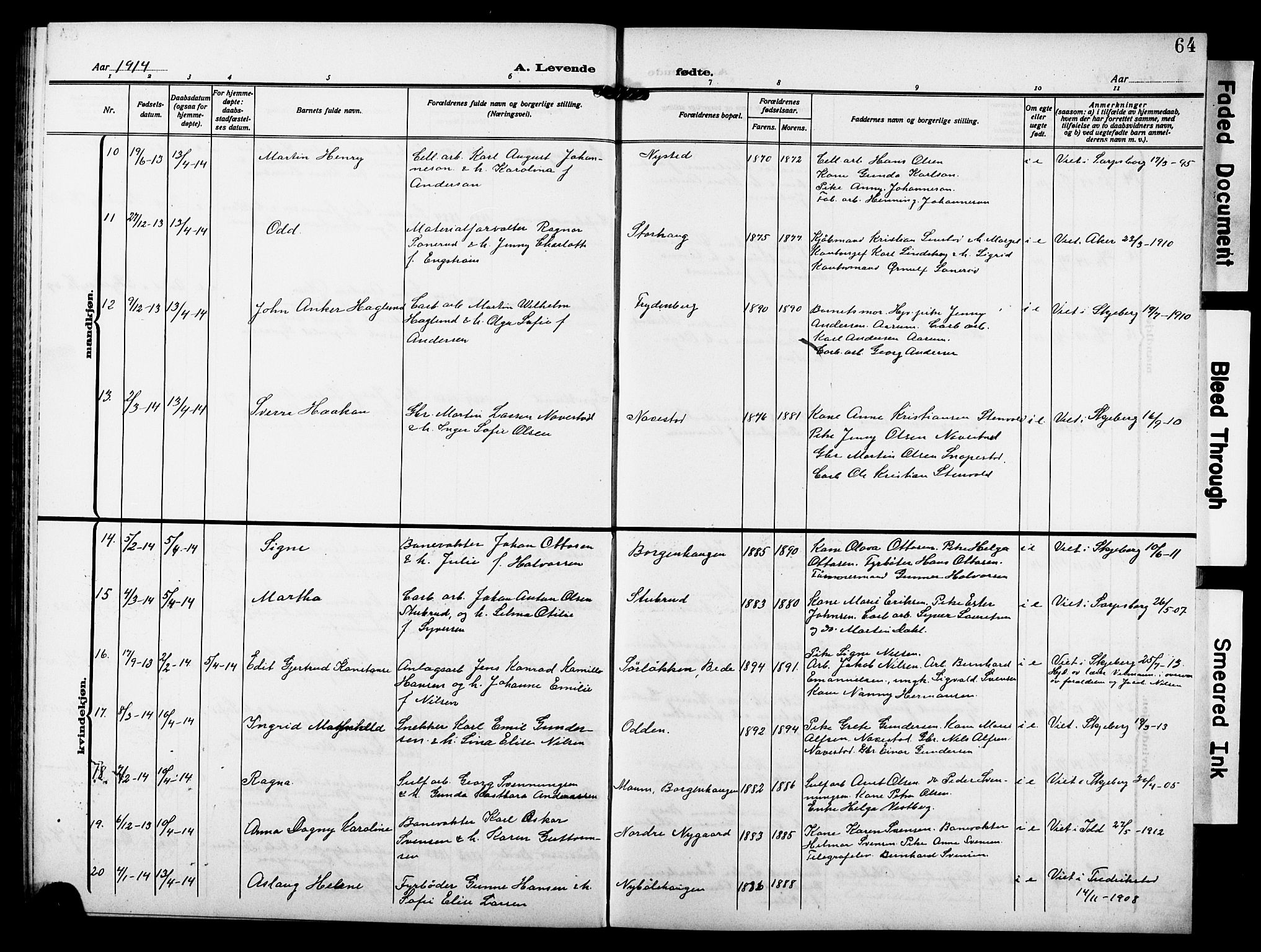 Skjeberg prestekontor Kirkebøker, AV/SAO-A-10923/G/Gd/L0001: Parish register (copy) no. IV 1, 1907-1917, p. 64