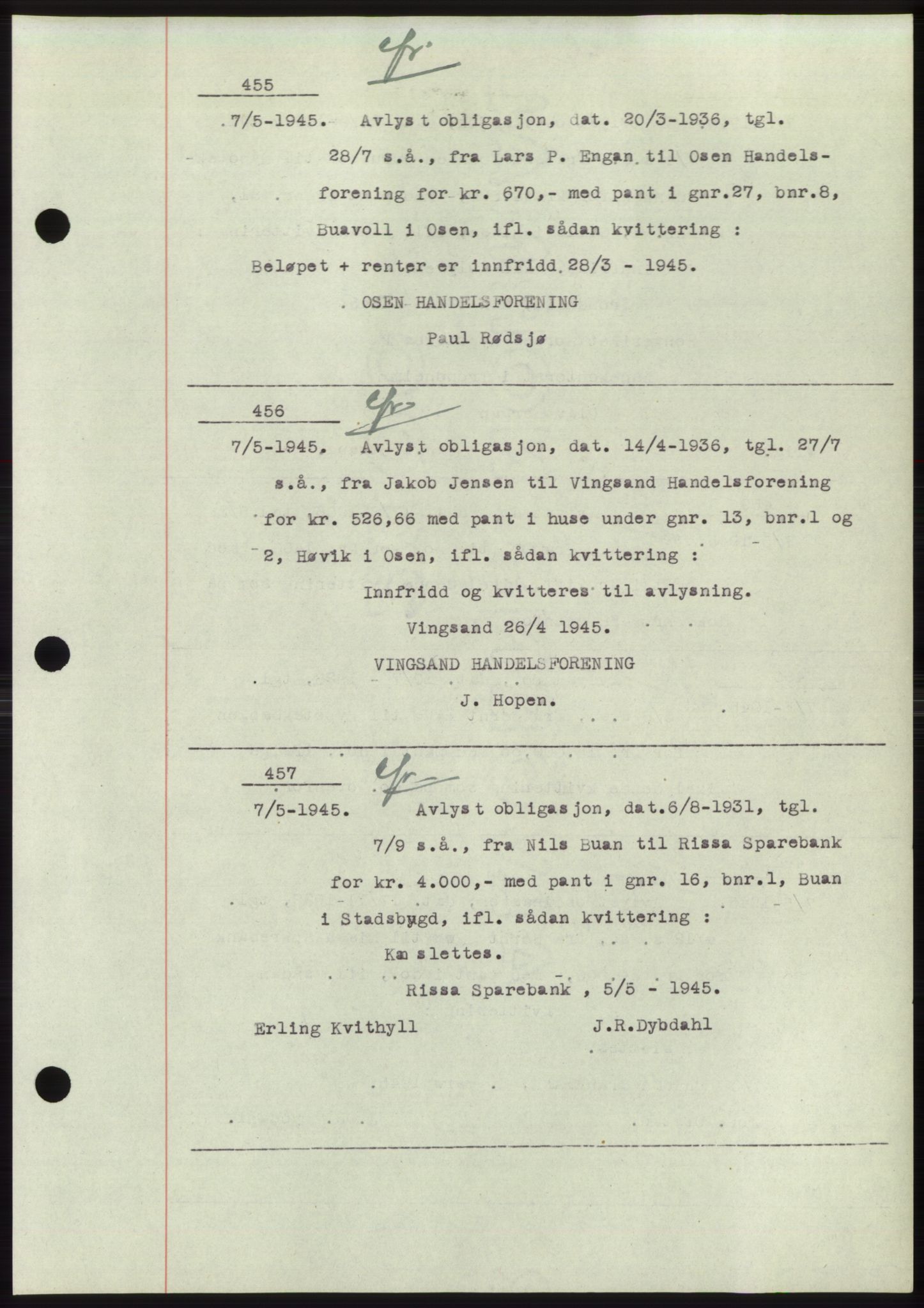 Fosen sorenskriveri, AV/SAT-A-1107/1/2/2C: Mortgage book no. B1, 1943-1946, Diary no: : 455/1945