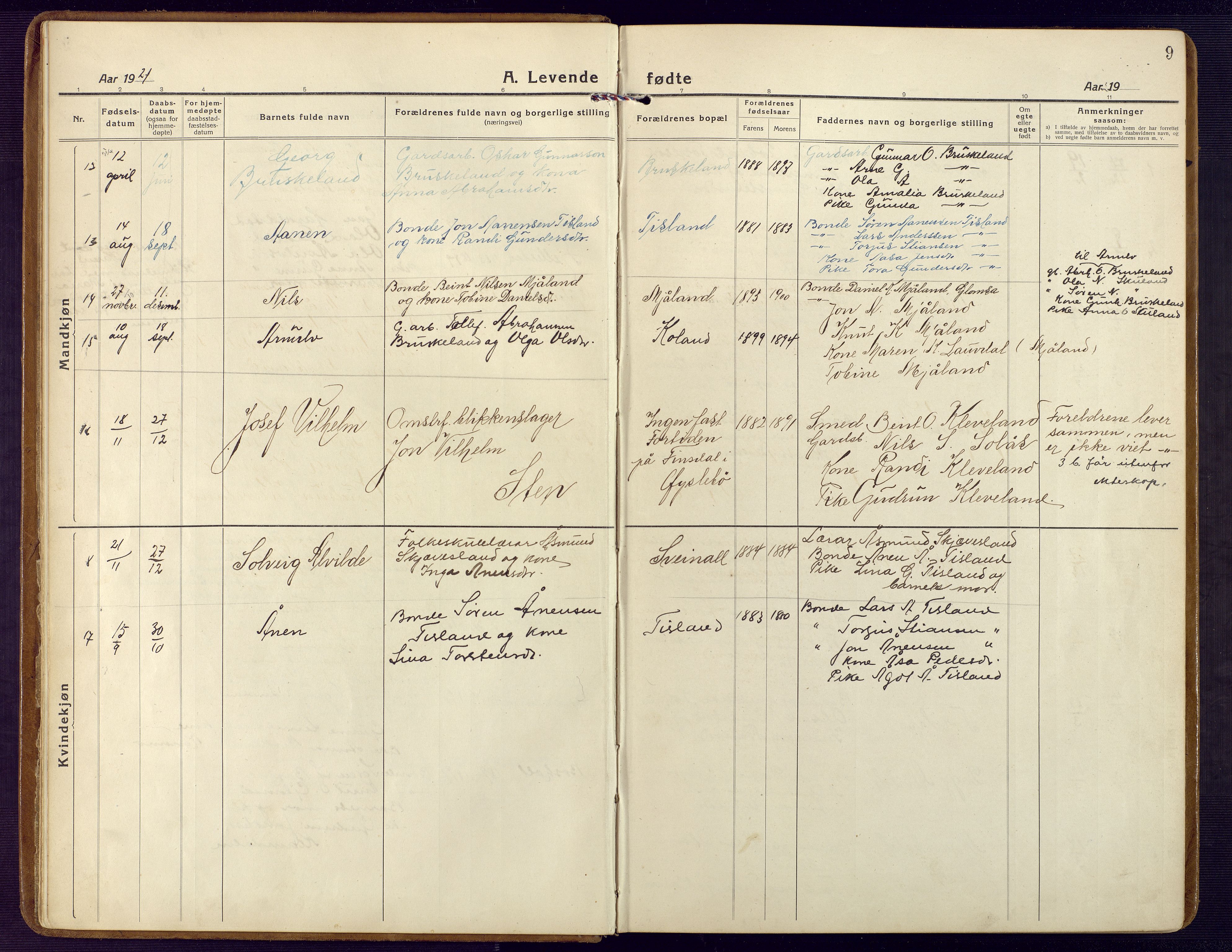 Holum sokneprestkontor, AV/SAK-1111-0022/F/Fb/Fbb/L0005: Parish register (copy) no. B 5, 1920-1945, p. 9