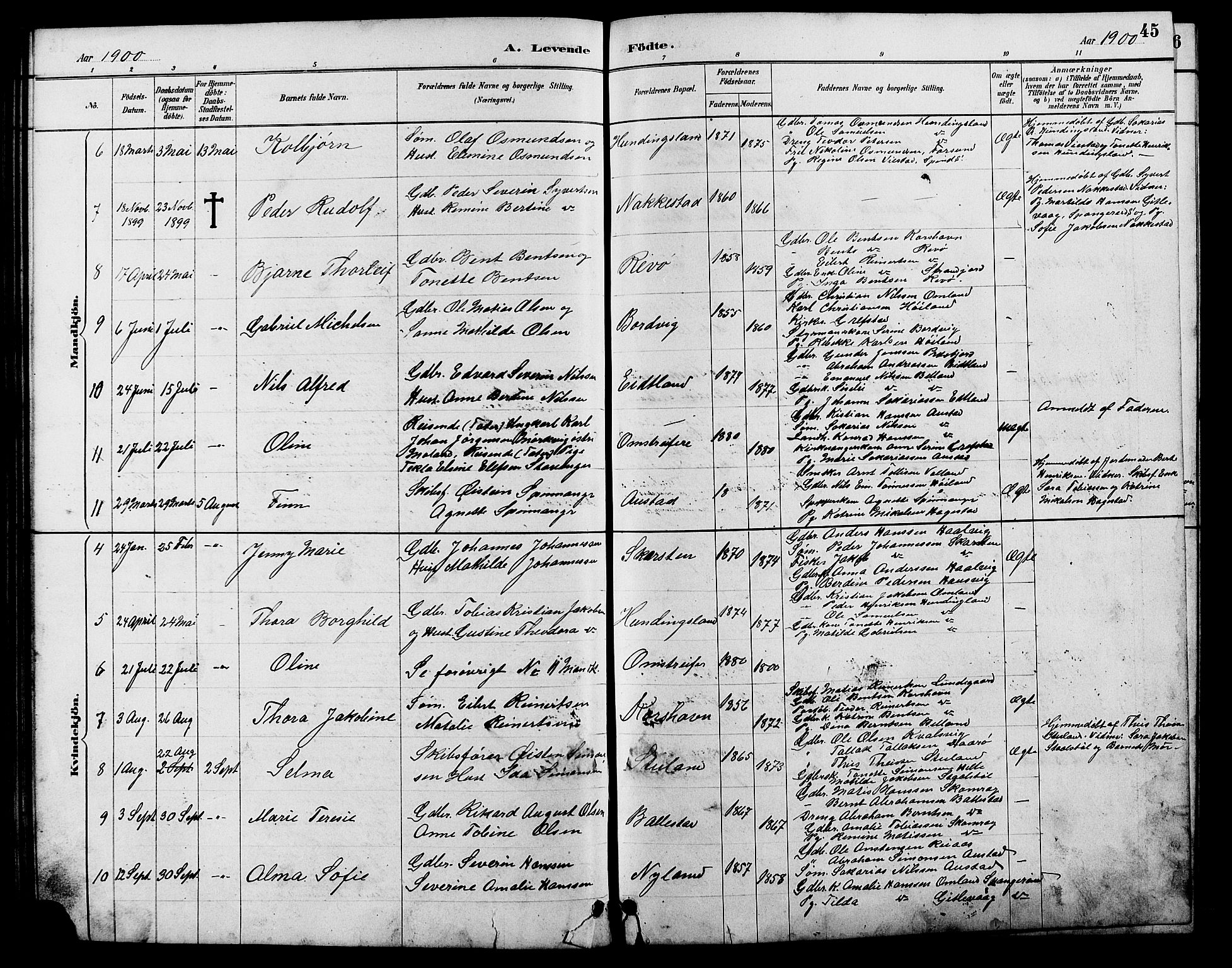 Lyngdal sokneprestkontor, AV/SAK-1111-0029/F/Fb/Fba/L0003: Parish register (copy) no. B 3, 1886-1903, p. 45