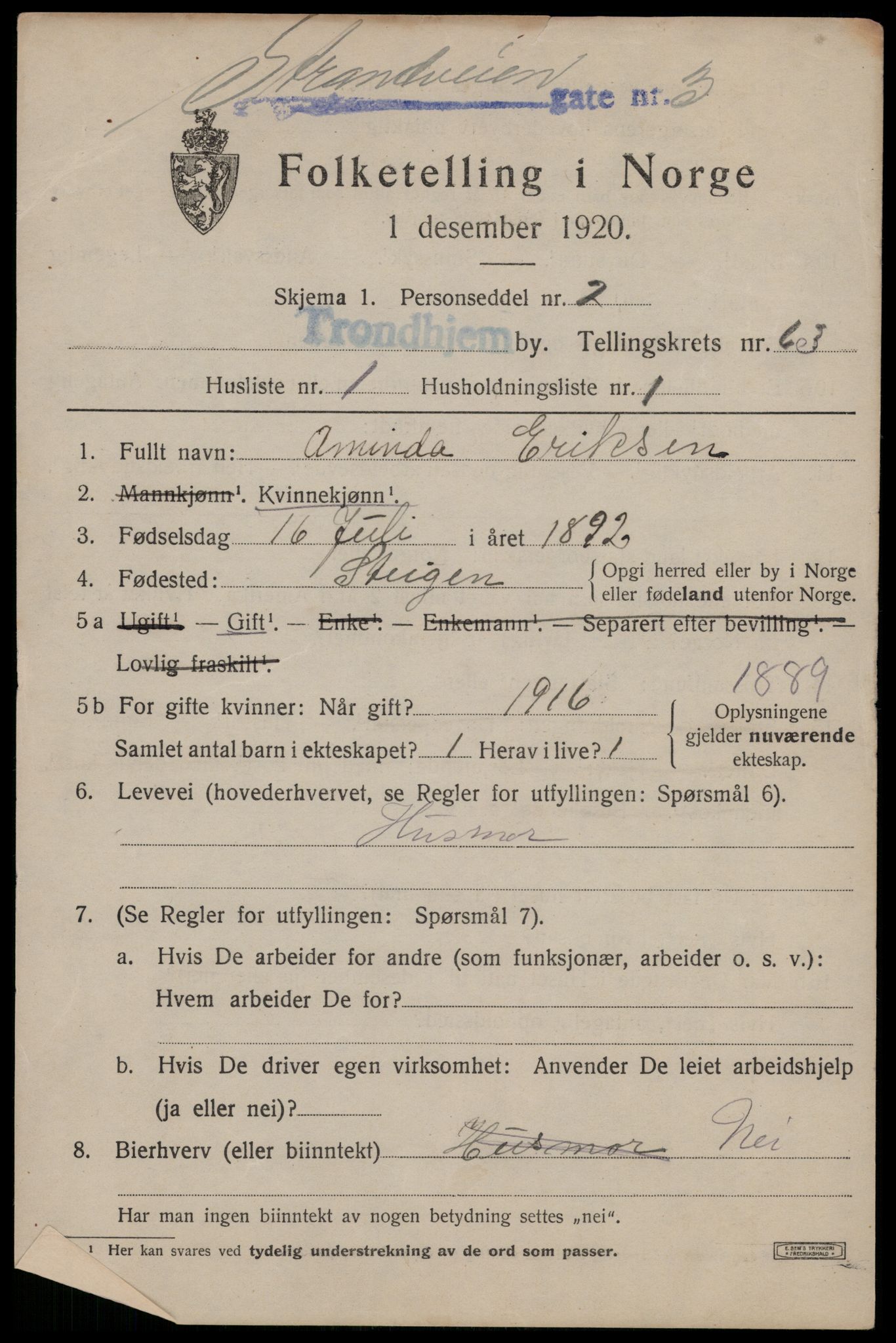 SAT, 1920 census for Trondheim, 1920, p. 125344