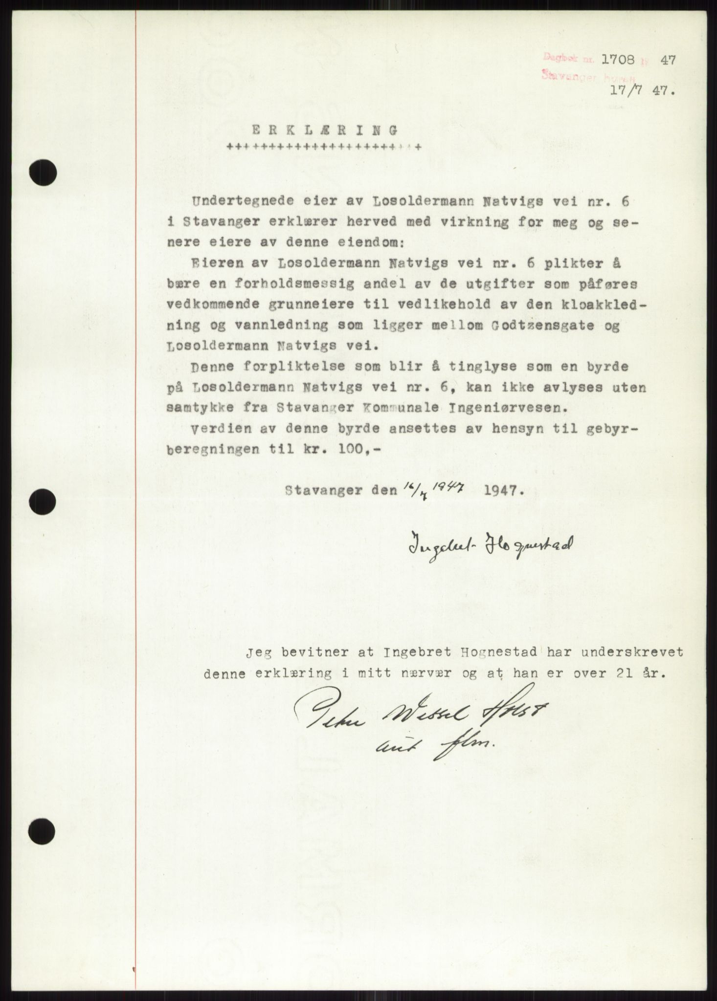 Stavanger byrett, SAST/A-100455/002/G/Gb/L0032: Mortgage book, 1947-1950, Diary no: : 1708/1947