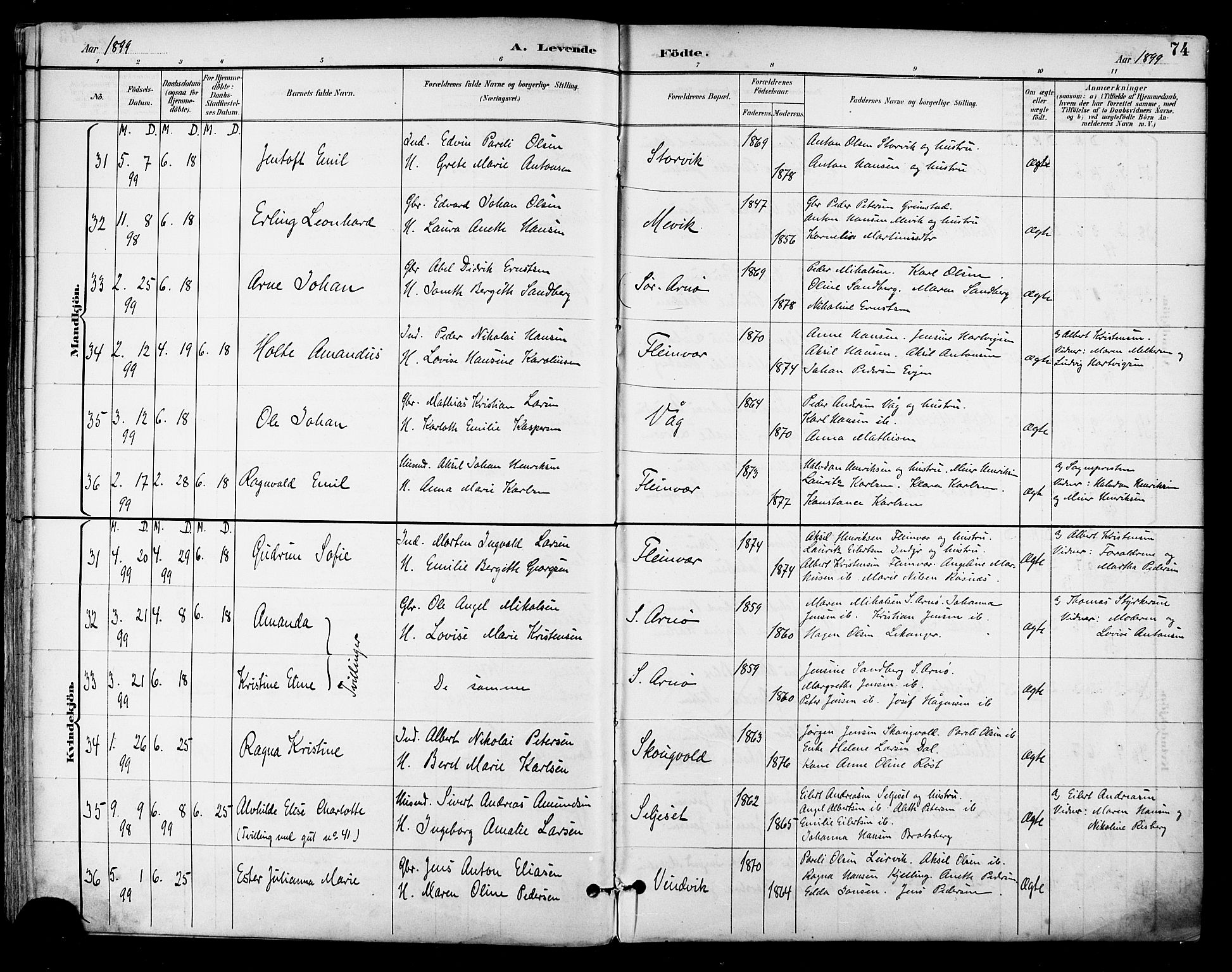 Ministerialprotokoller, klokkerbøker og fødselsregistre - Nordland, SAT/A-1459/805/L0101: Parish register (official) no. 805A07, 1892-1899, p. 74