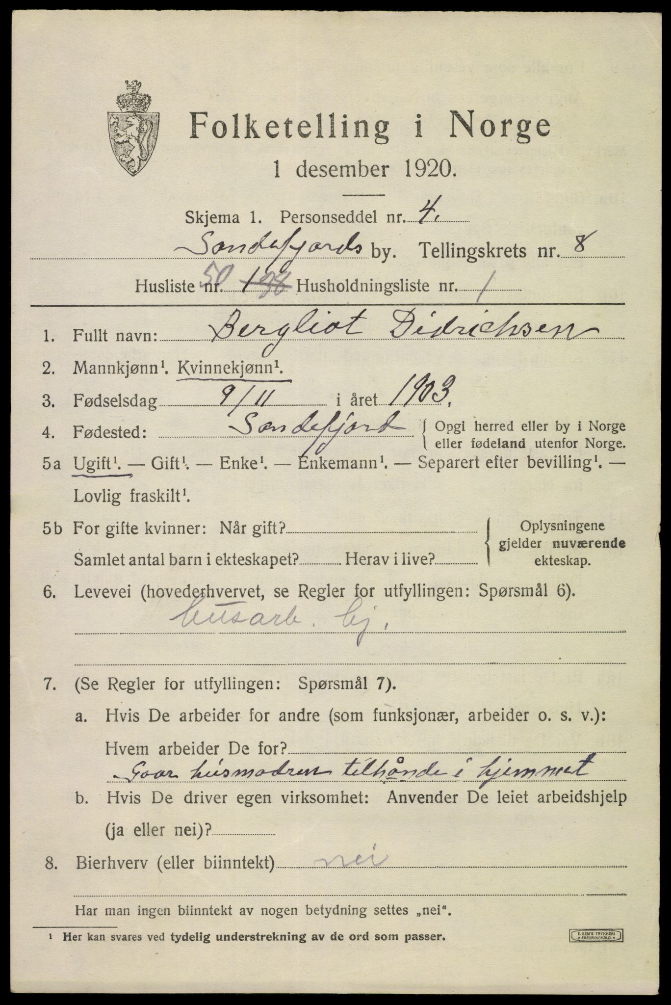 SAKO, 1920 census for Sandefjord, 1920, p. 12556