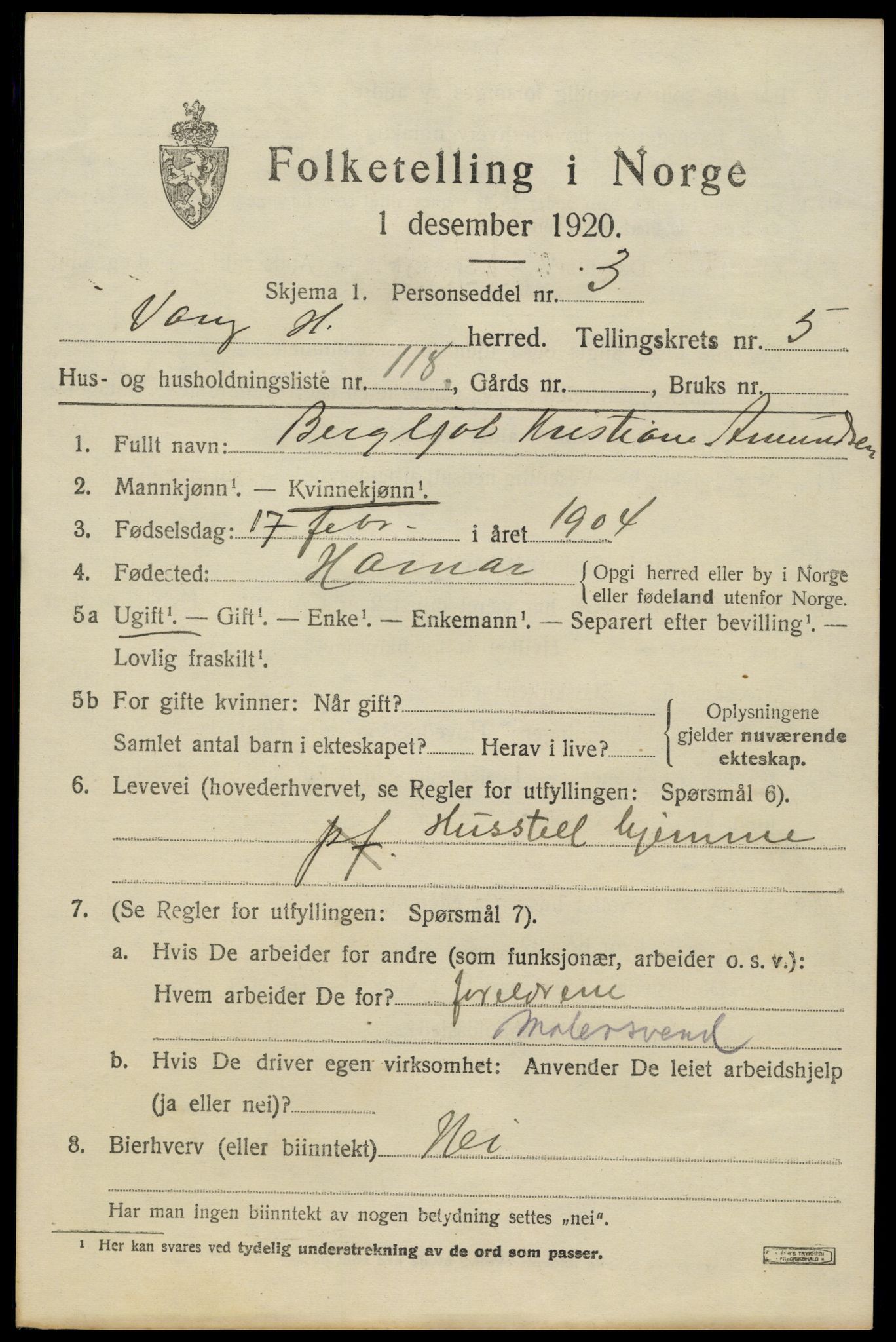 SAH, 1920 census for Vang (Hedmark), 1920, p. 15025