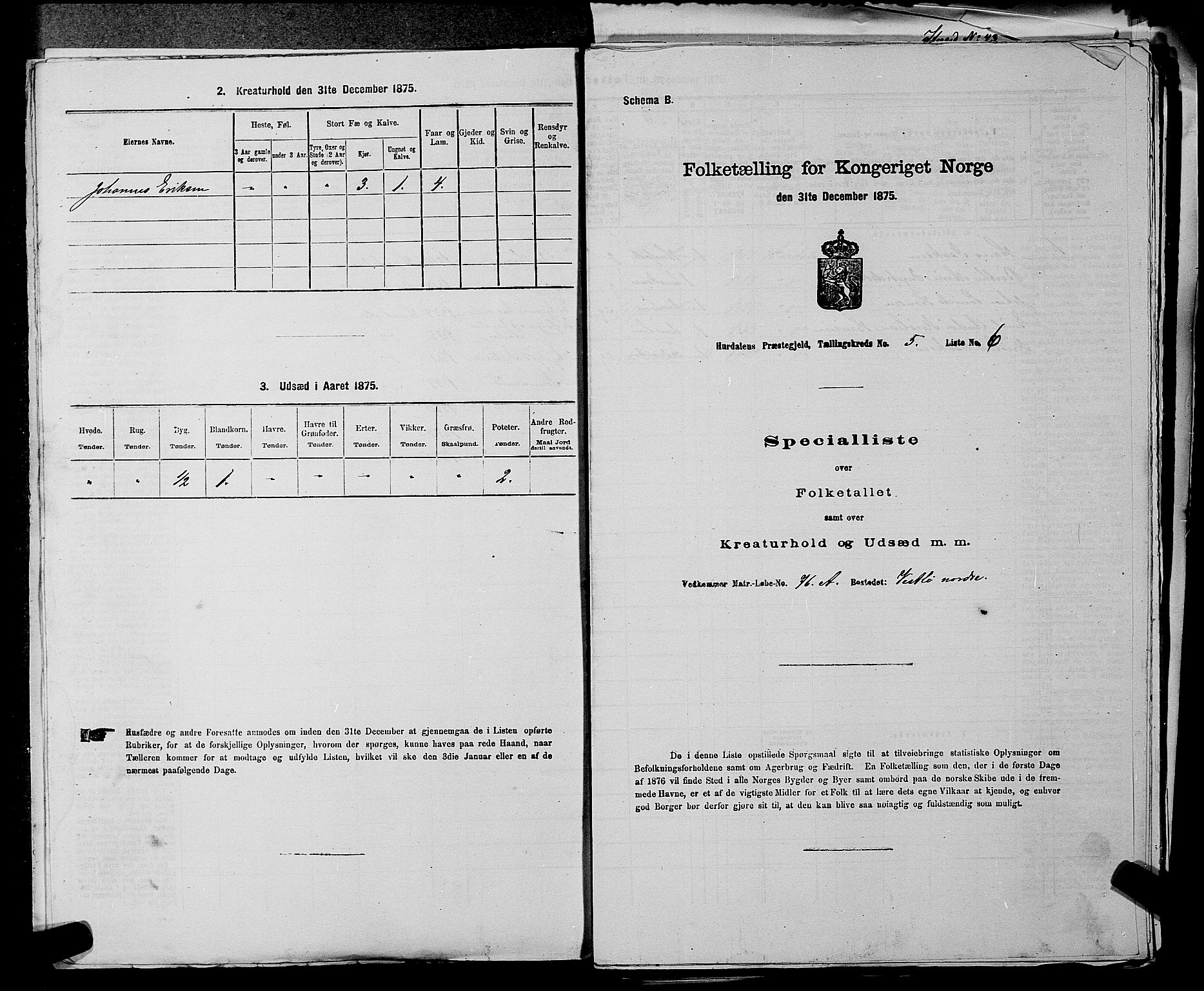 RA, 1875 census for 0239P Hurdal, 1875, p. 734