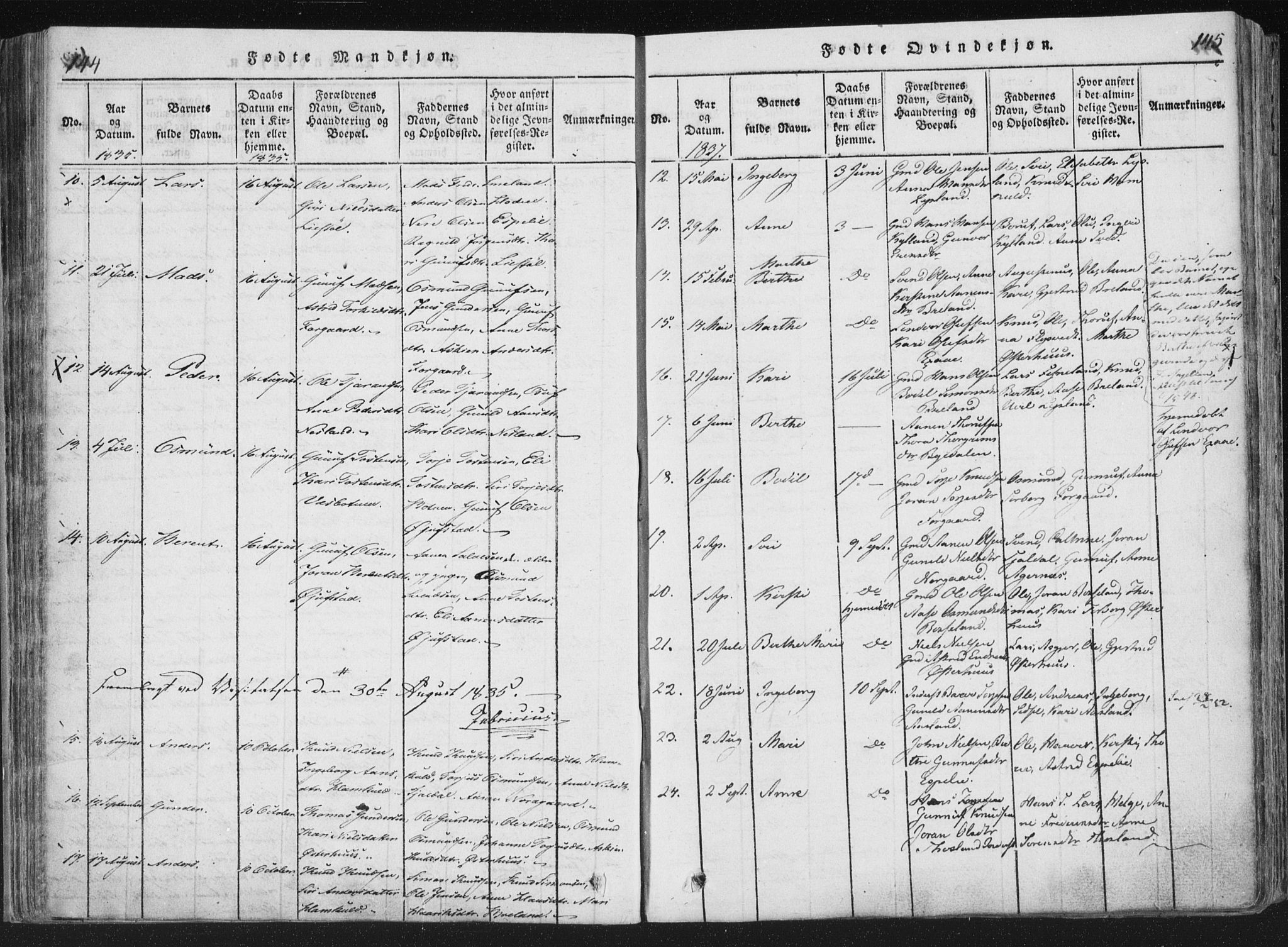 Åseral sokneprestkontor, SAK/1111-0051/F/Fa/L0001: Parish register (official) no. A 1, 1815-1853, p. 144-145