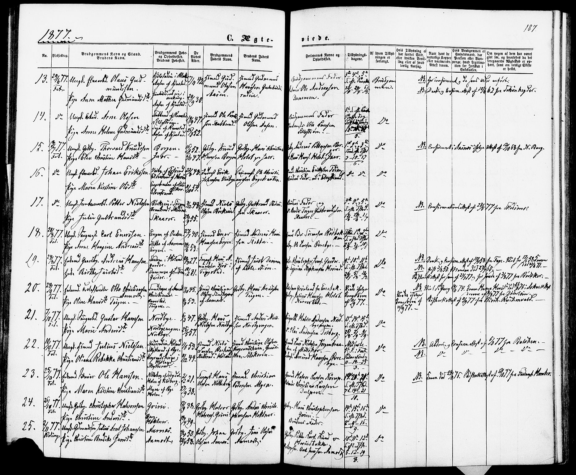 Fet prestekontor Kirkebøker, AV/SAO-A-10370a/F/Fa/L0013: Parish register (official) no. I 13, 1867-1877, p. 187