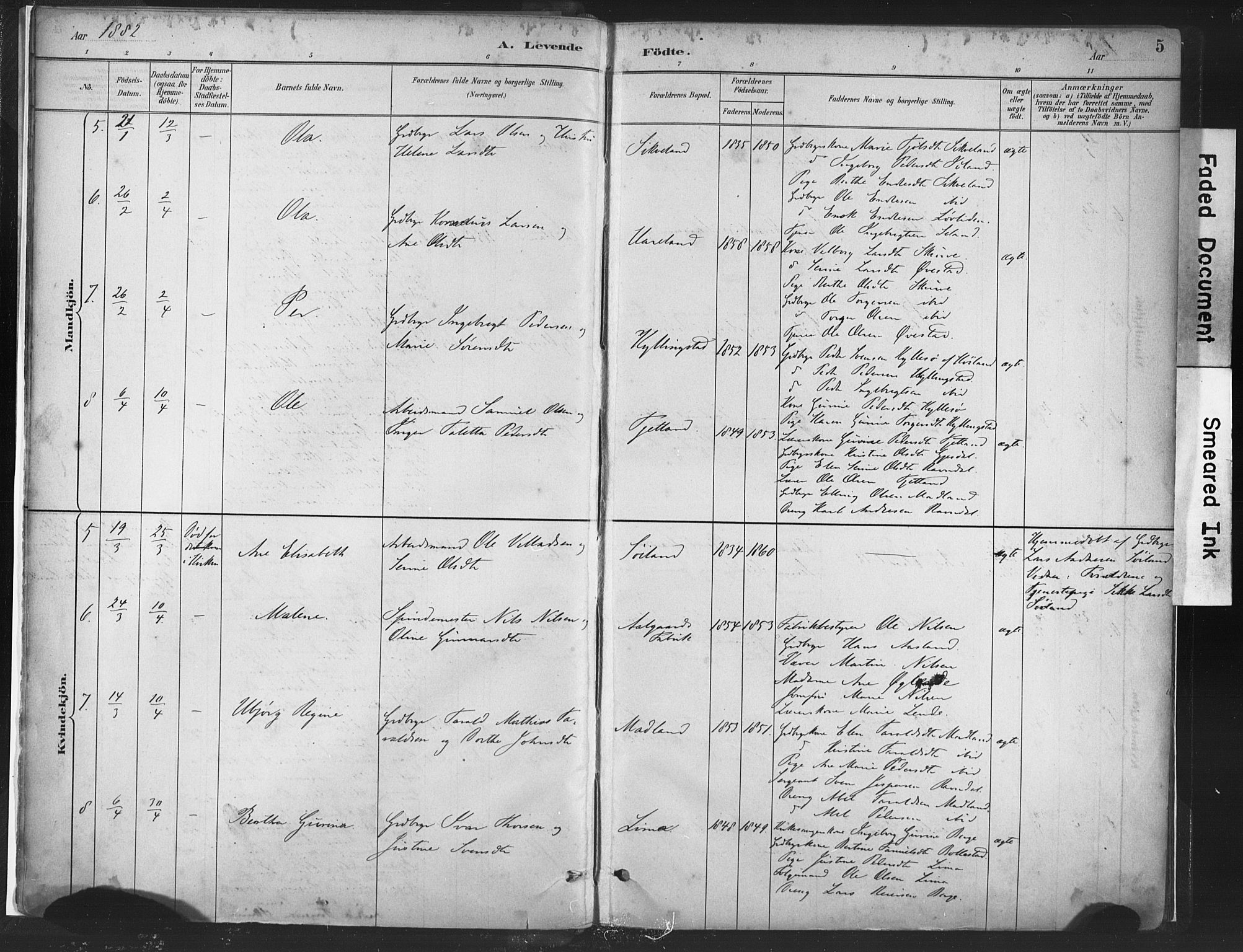 Lye sokneprestkontor, SAST/A-101794/001/30BA/L0010: Parish register (official) no. A 10, 1881-1896, p. 5