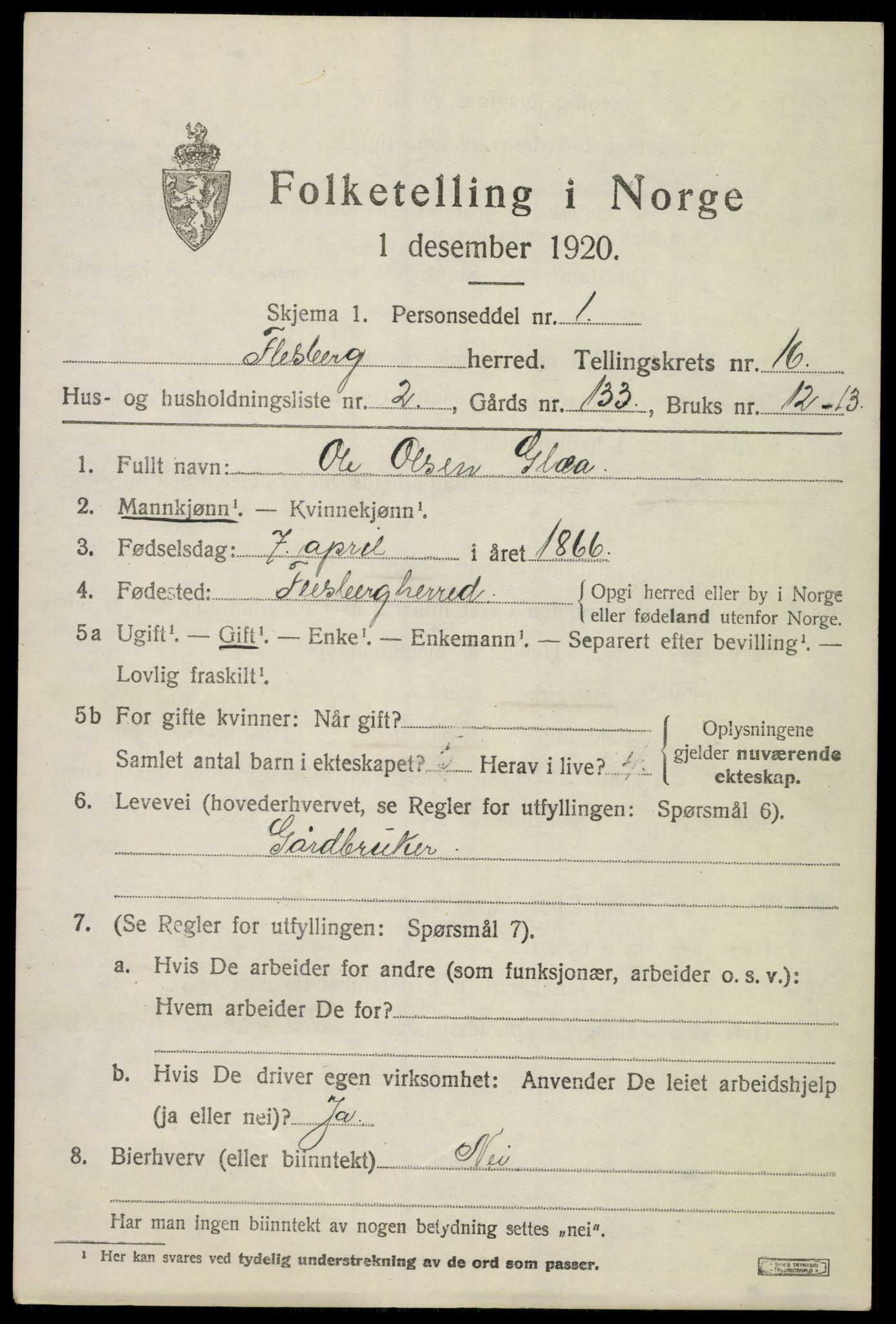 SAKO, 1920 census for Flesberg, 1920, p. 5013