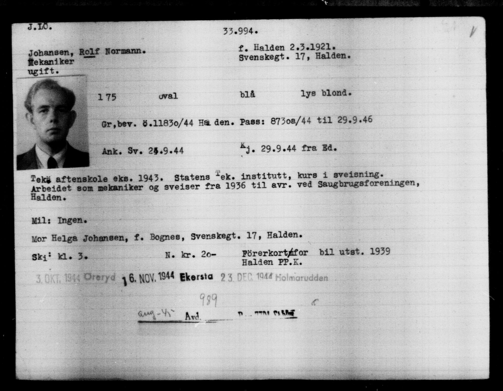 Utenriksstasjonene, Legasjonen i Stockholm, Flyktningkontoret, AV/RA-S-6753/V/Va/L0013: Kjesäterkartoteket, flyktninger med registreringsnr. 31500-34731, 1940-1945, p. 2634