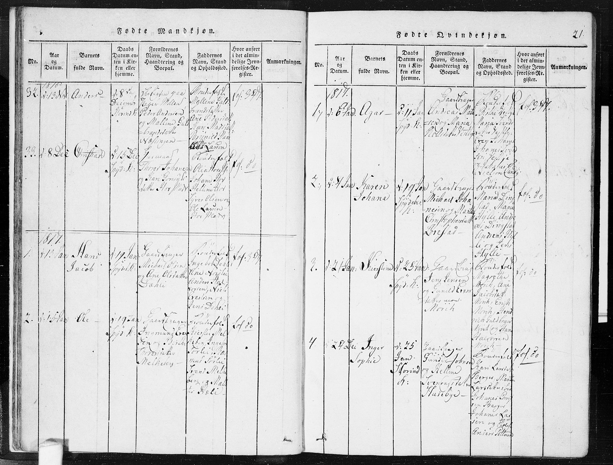 Spydeberg prestekontor Kirkebøker, AV/SAO-A-10924/F/Fa/L0004: Parish register (official) no. I 4, 1814-1841, p. 21