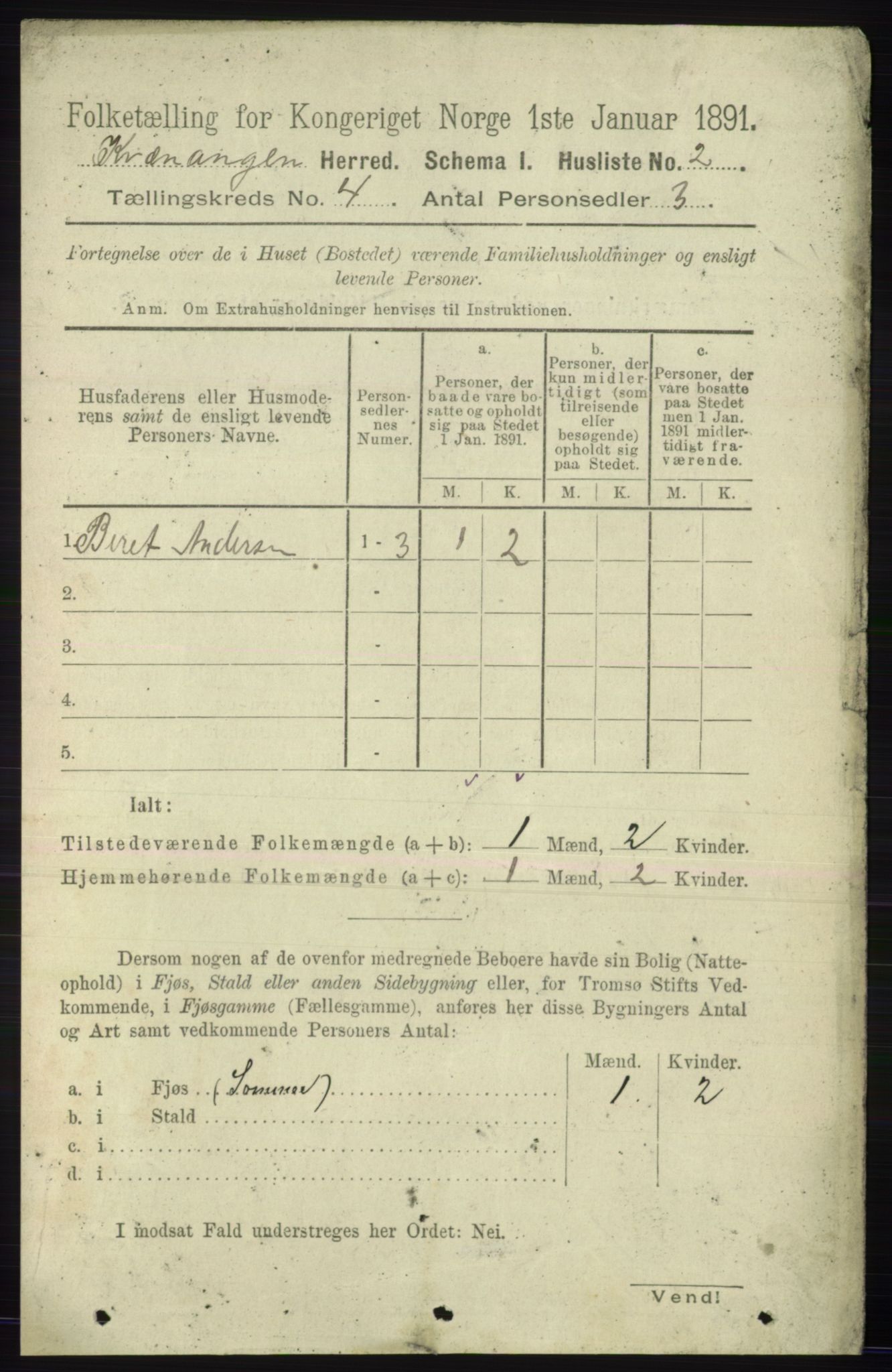 RA, 1891 census for 1943 Kvænangen, 1891, p. 1455