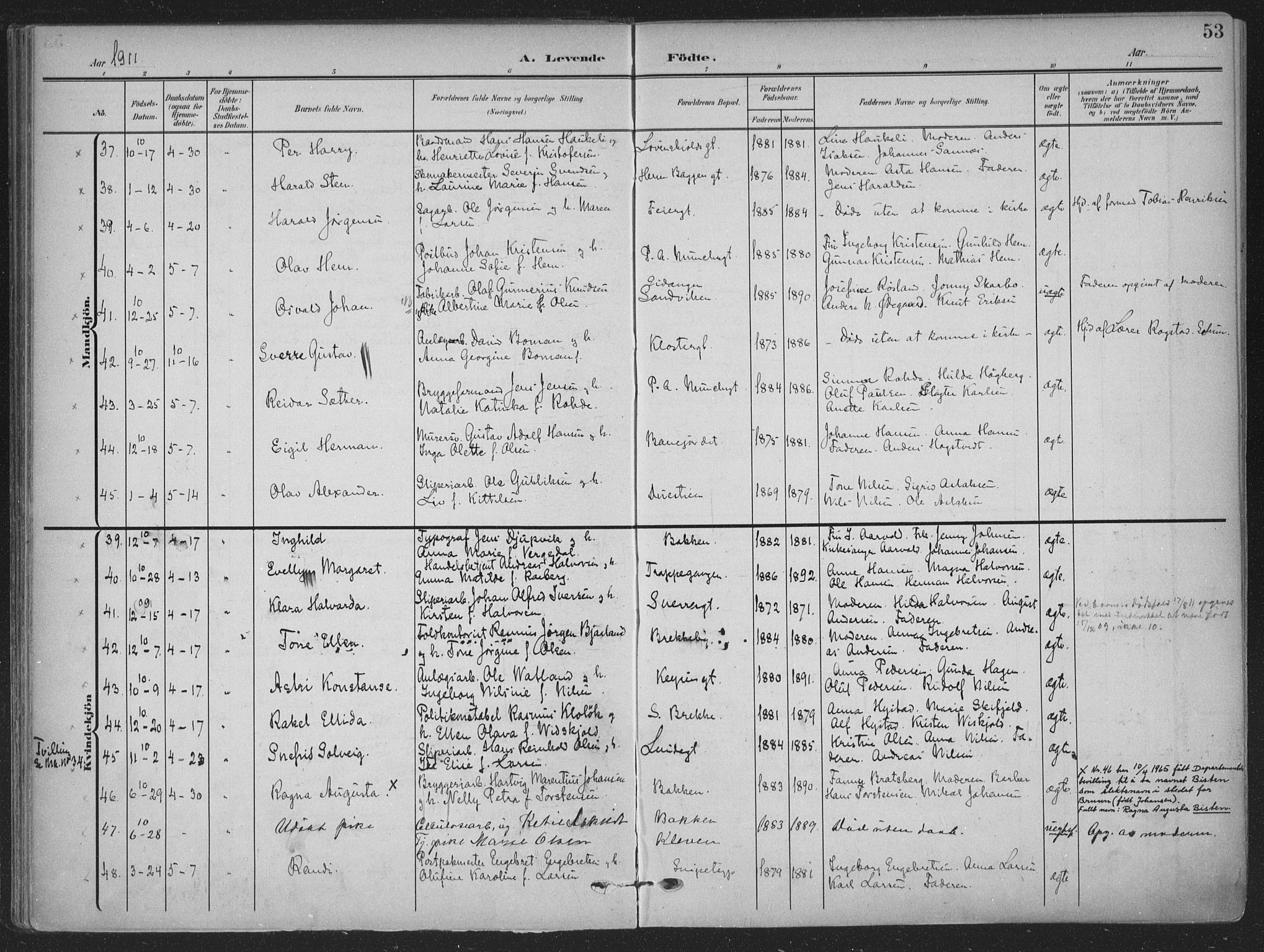 Skien kirkebøker, AV/SAKO-A-302/F/Fa/L0012: Parish register (official) no. 12, 1908-1914, p. 53