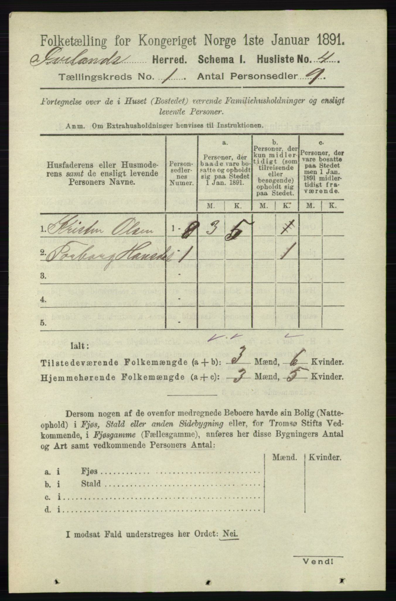 RA, 1891 census for 0935 Iveland, 1891, p. 18