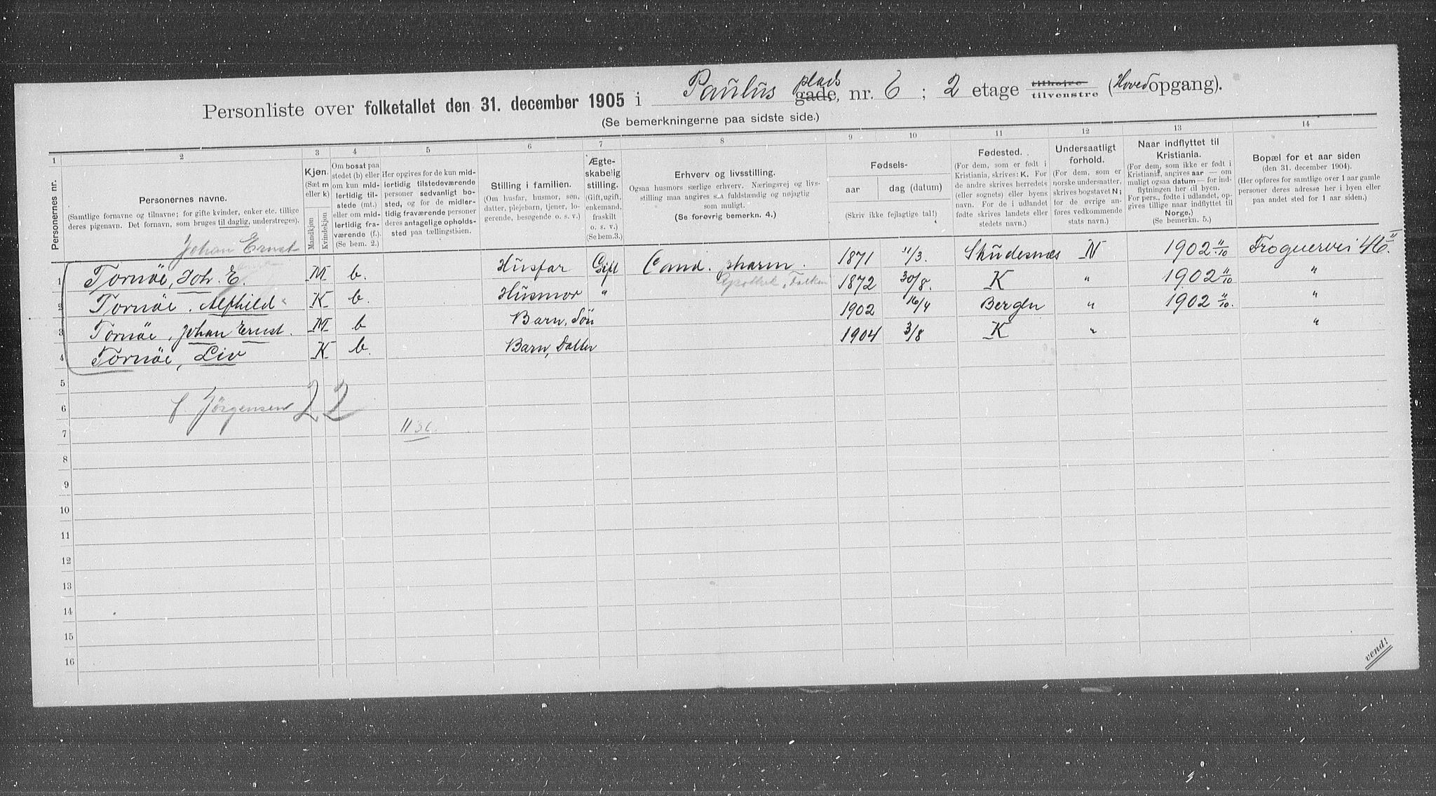 OBA, Municipal Census 1905 for Kristiania, 1905, p. 41415