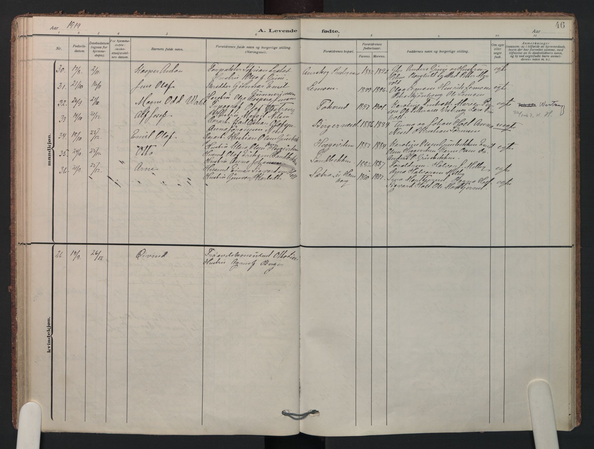 Aurskog prestekontor Kirkebøker, SAO/A-10304a/F/Fa/L0014: Parish register (official) no. I 14, 1911-1926, p. 46
