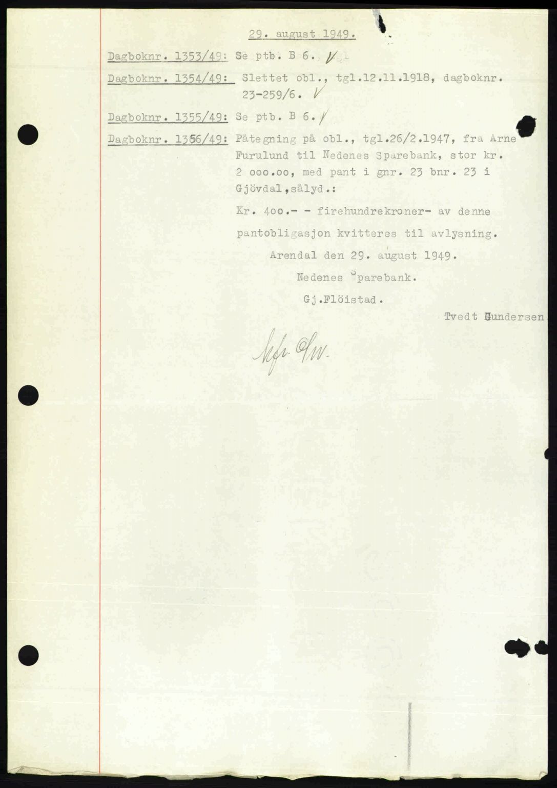 Nedenes sorenskriveri, SAK/1221-0006/G/Gb/Gba/L0061: Mortgage book no. A13, 1949-1949, Diary no: : 1353/1949