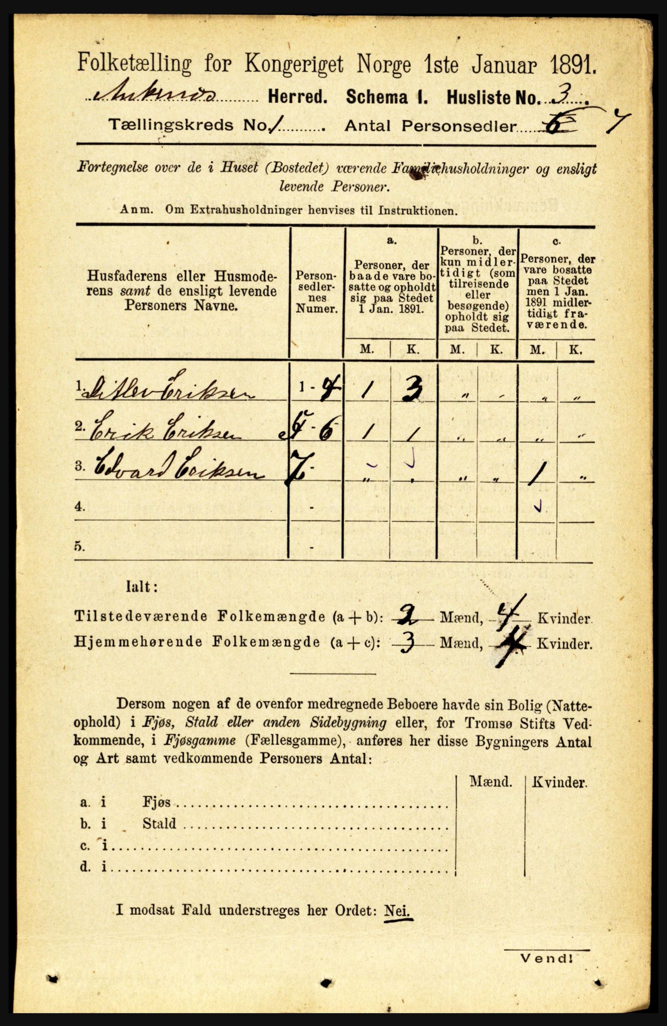 RA, 1891 census for 1855 Ankenes, 1891, p. 19