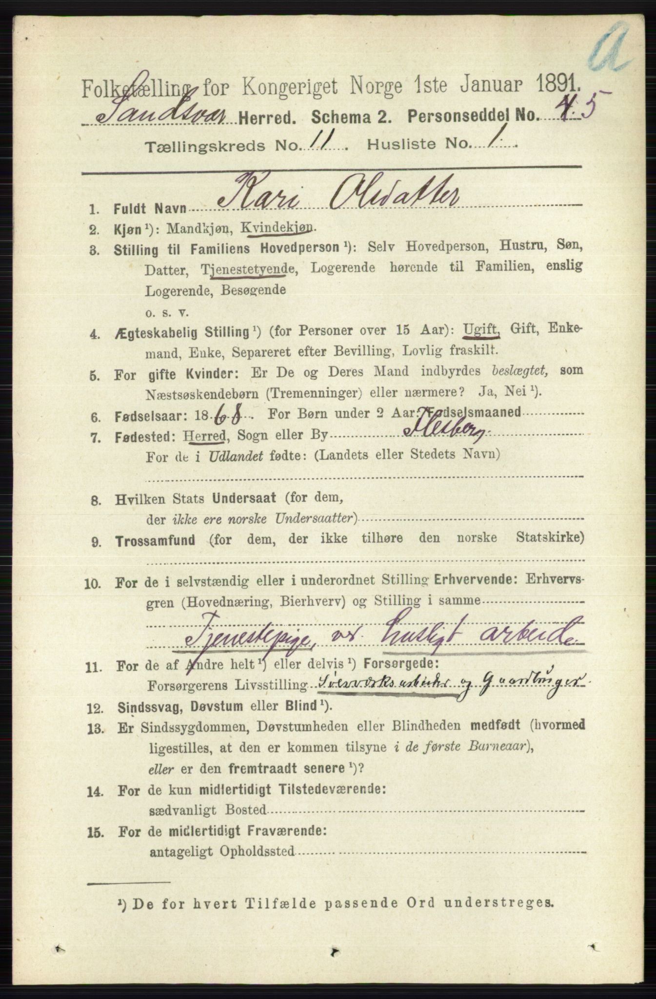 RA, 1891 census for 0629 Sandsvær, 1891, p. 5488