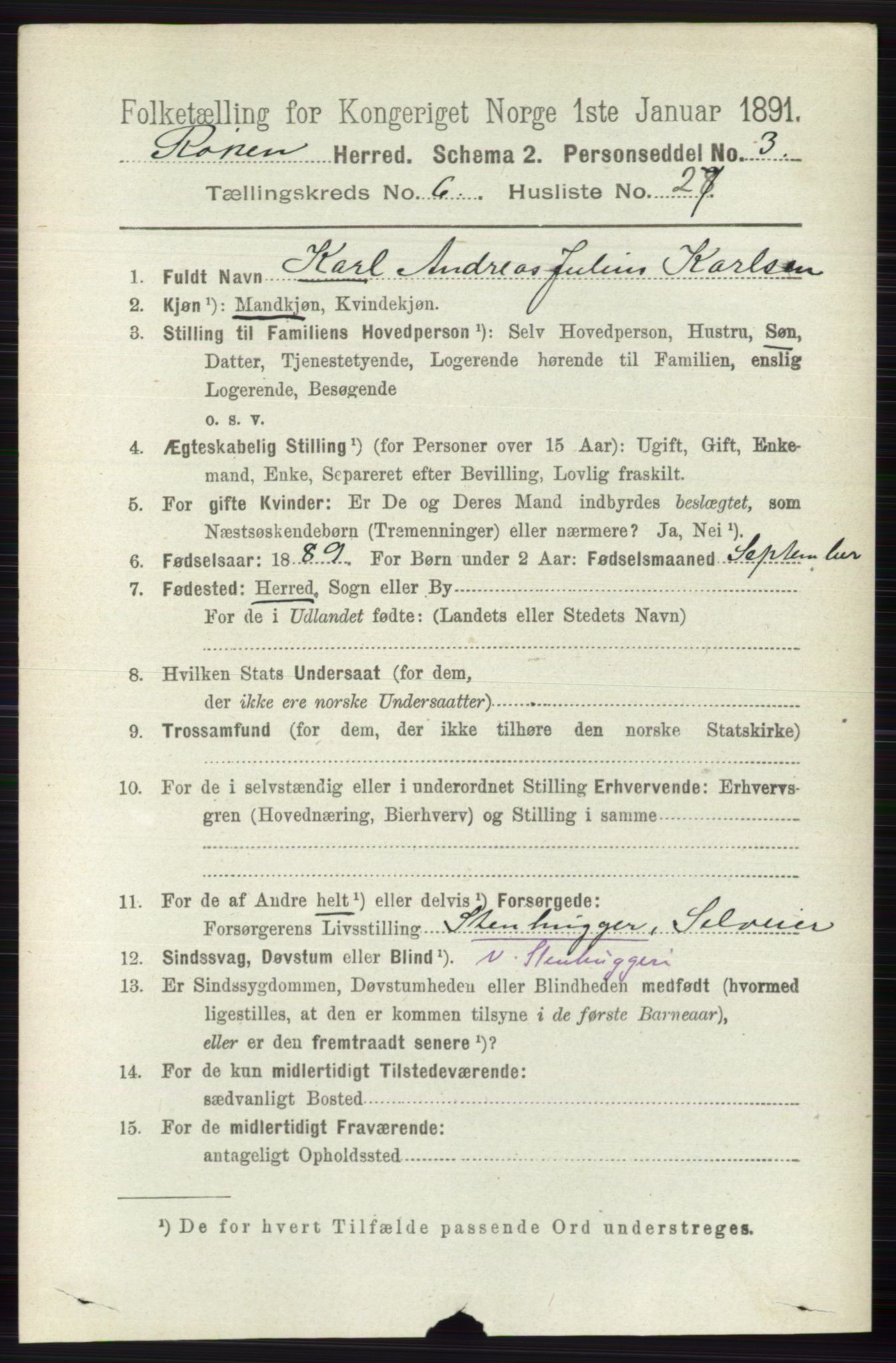 RA, 1891 census for 0627 Røyken, 1891, p. 3771
