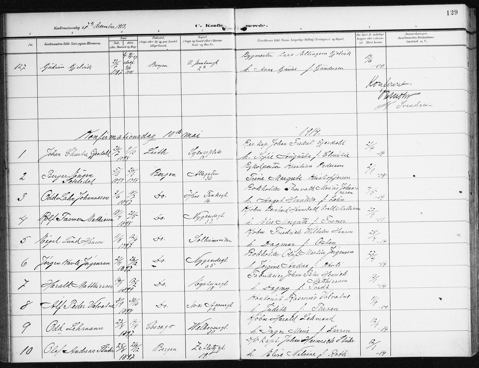 Johanneskirken sokneprestembete, AV/SAB-A-76001/H/Haa/L0009: Parish register (official) no. C 2, 1907-1924, p. 129