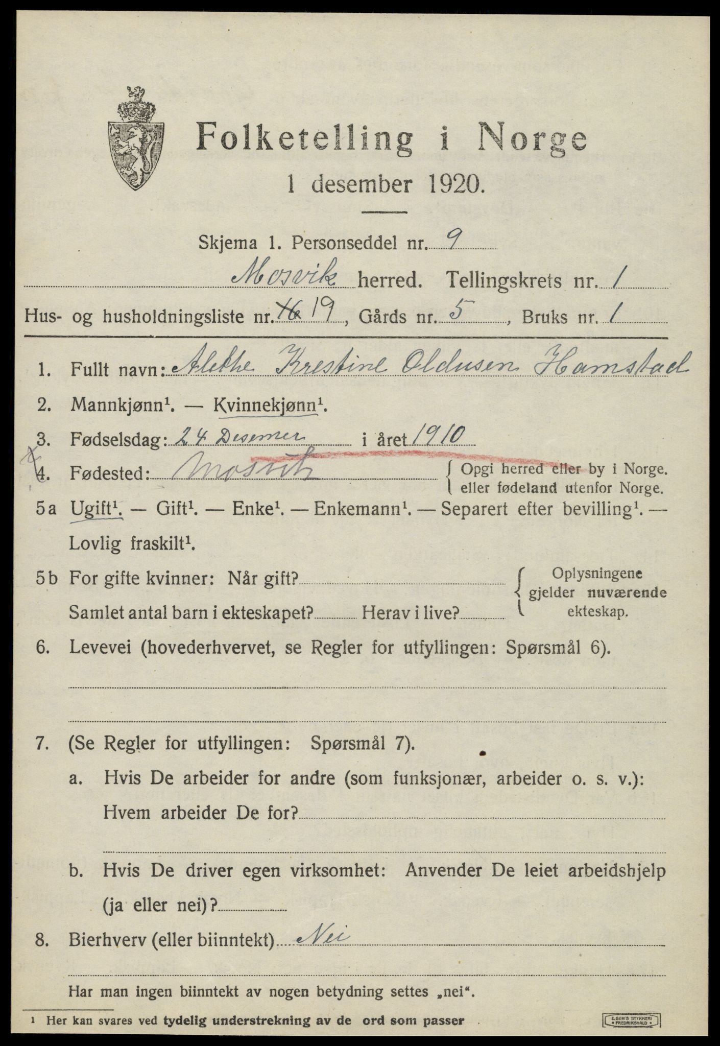 SAT, 1920 census for Mosvik, 1920, p. 556