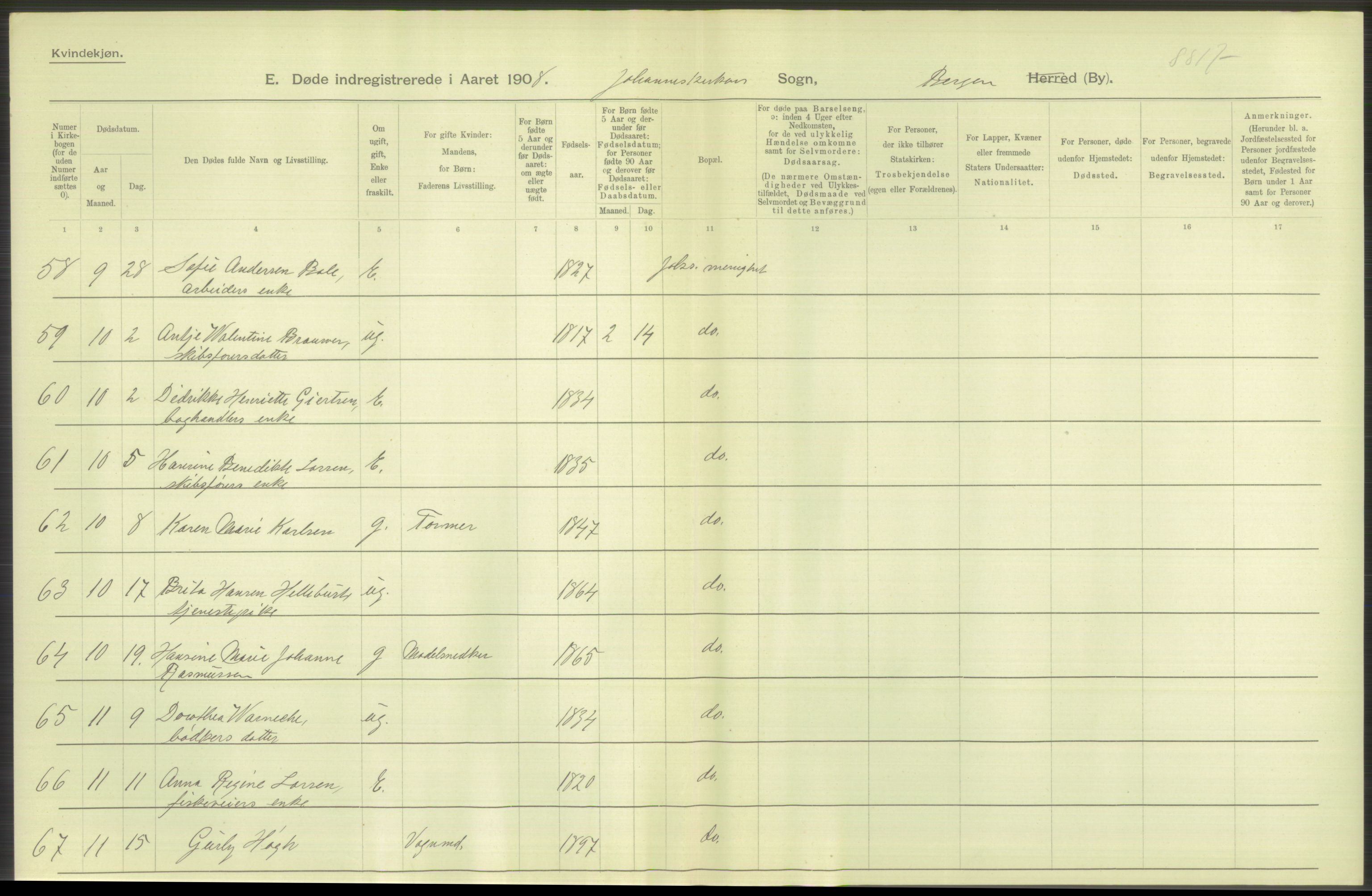 Statistisk sentralbyrå, Sosiodemografiske emner, Befolkning, AV/RA-S-2228/D/Df/Dfa/Dfaf/L0031: Bergen: Gifte, døde, dødfødte., 1908, p. 70
