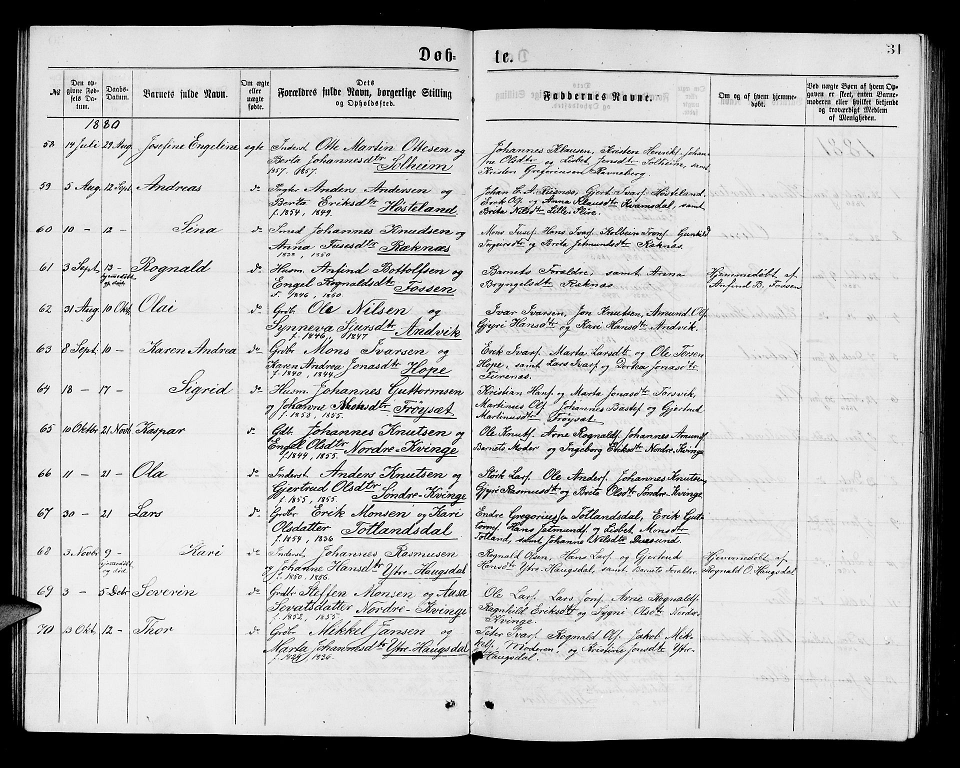 Masfjorden sokneprestembete, AV/SAB-A-77001: Parish register (copy) no. A 2, 1876-1891, p. 31