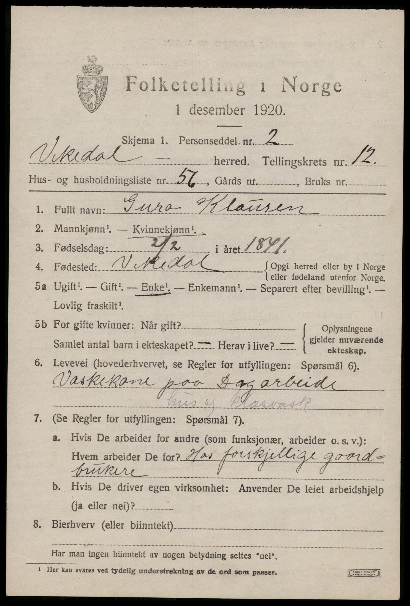 SAST, 1920 census for Vikedal, 1920, p. 4135