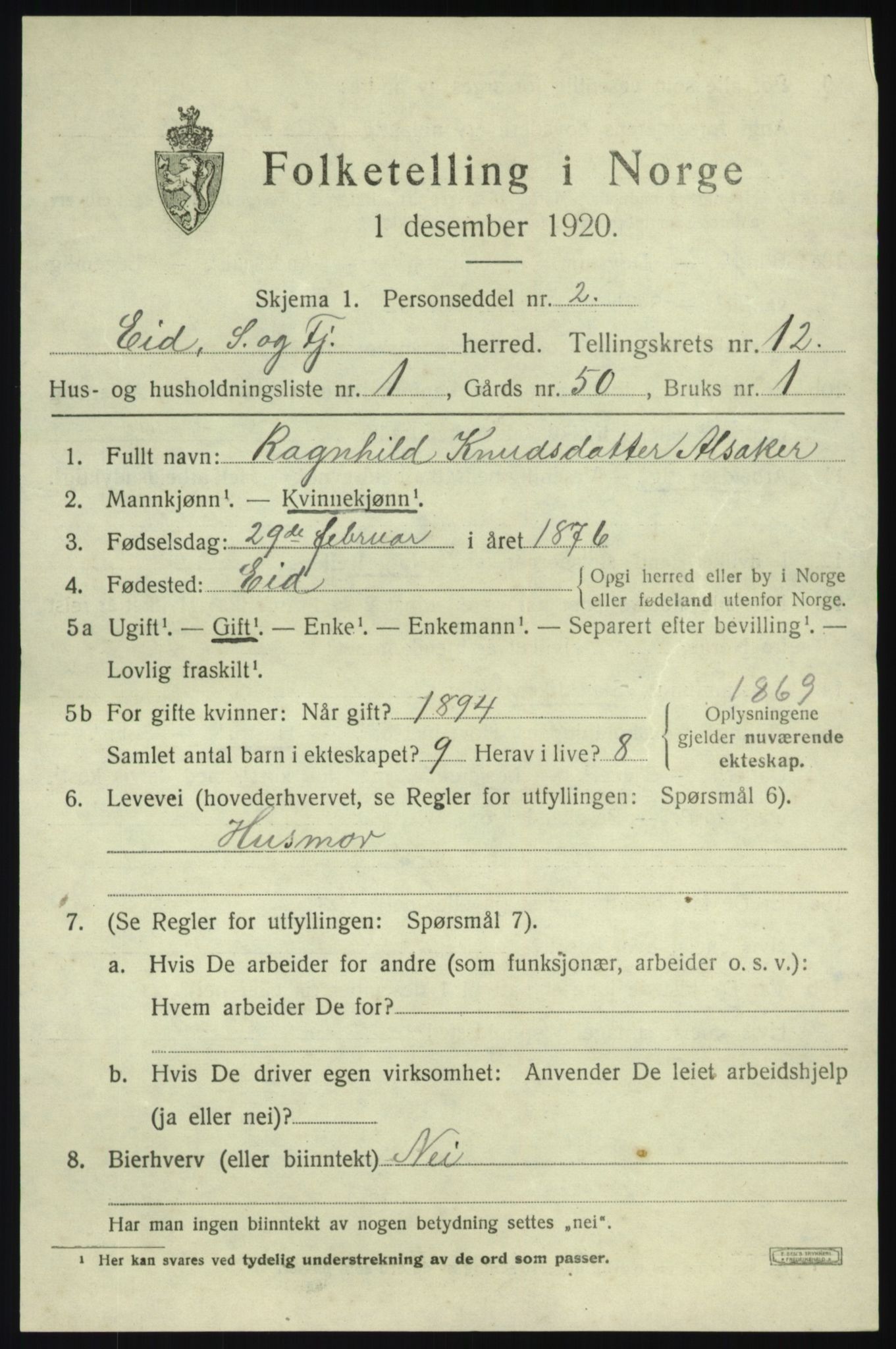 SAB, 1920 census for Eid, 1920, p. 7036