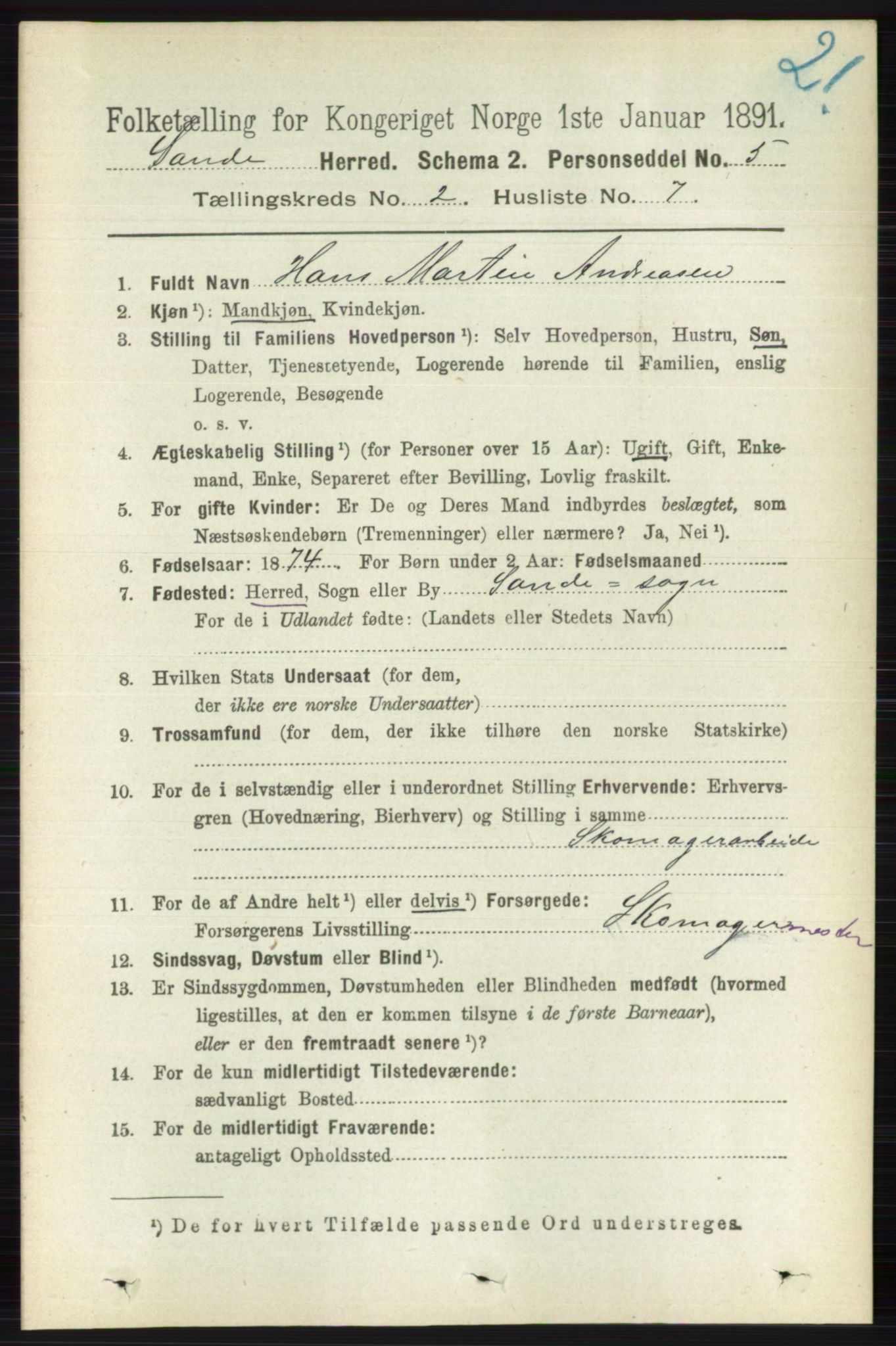 RA, 1891 census for 0713 Sande, 1891, p. 556