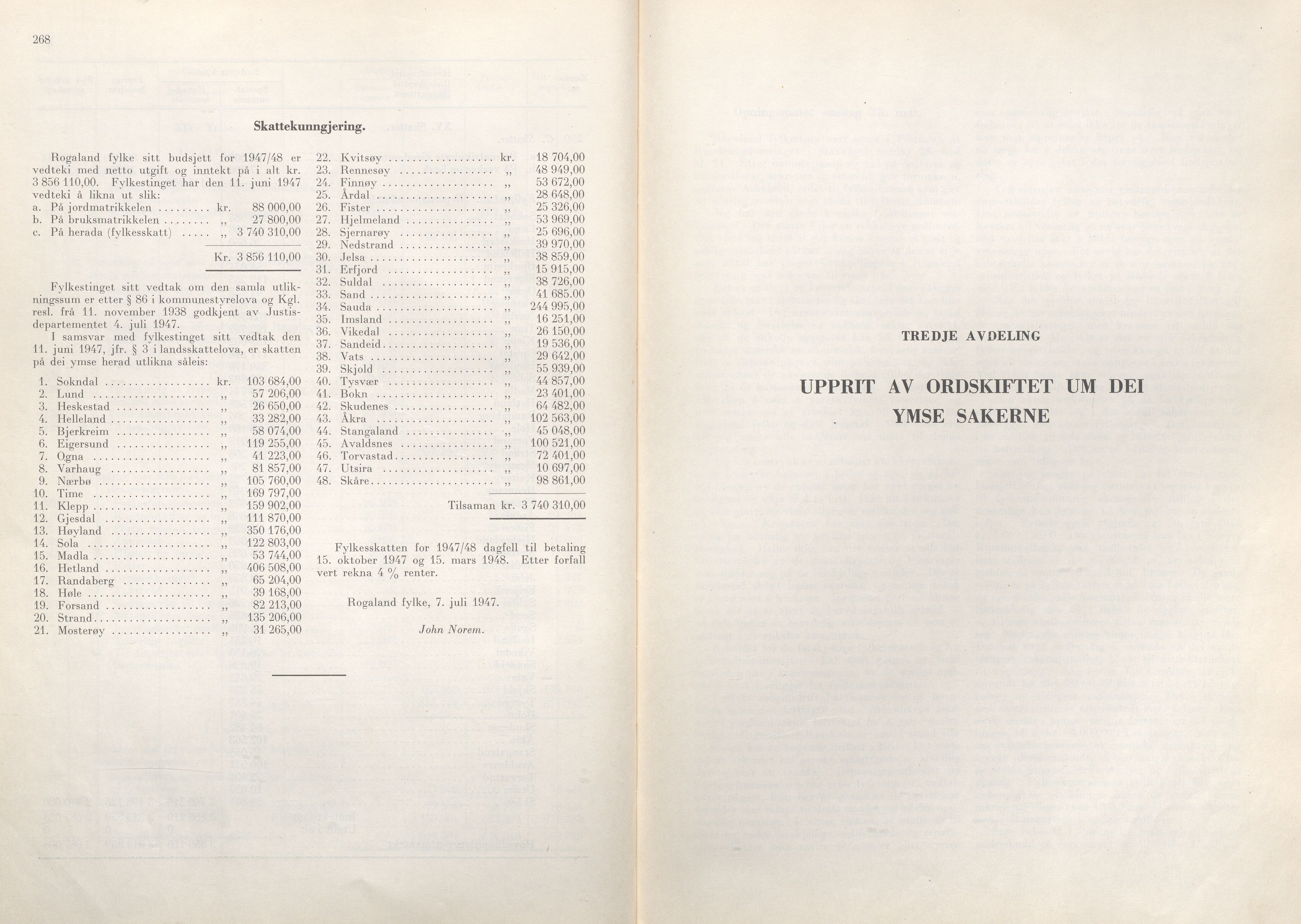 Rogaland fylkeskommune - Fylkesrådmannen , IKAR/A-900/A/Aa/Aaa/L0066: Møtebok , 1947, p. 268