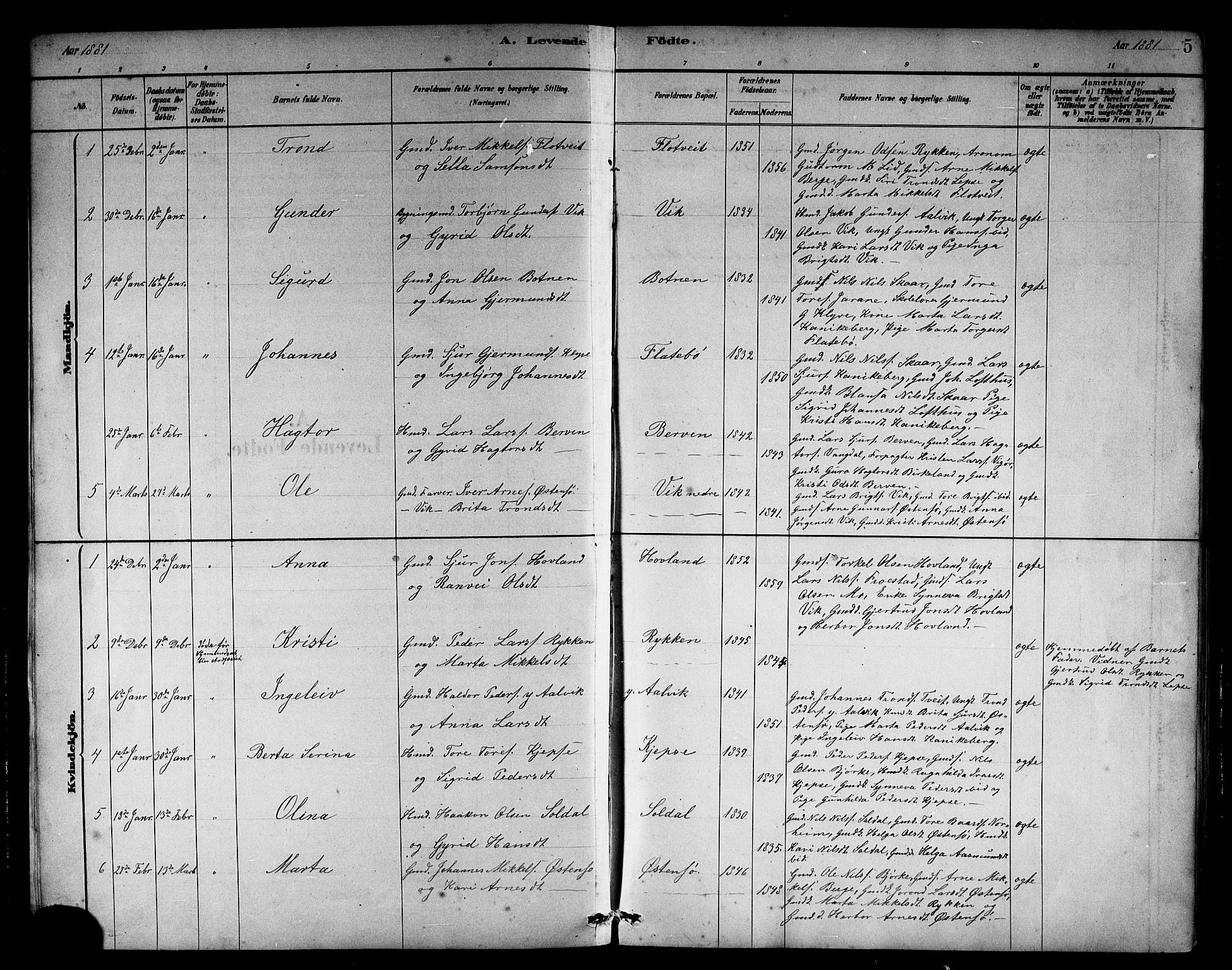 Kvam sokneprestembete, SAB/A-76201/H/Hab: Parish register (copy) no. C 3, 1881-1905, p. 5