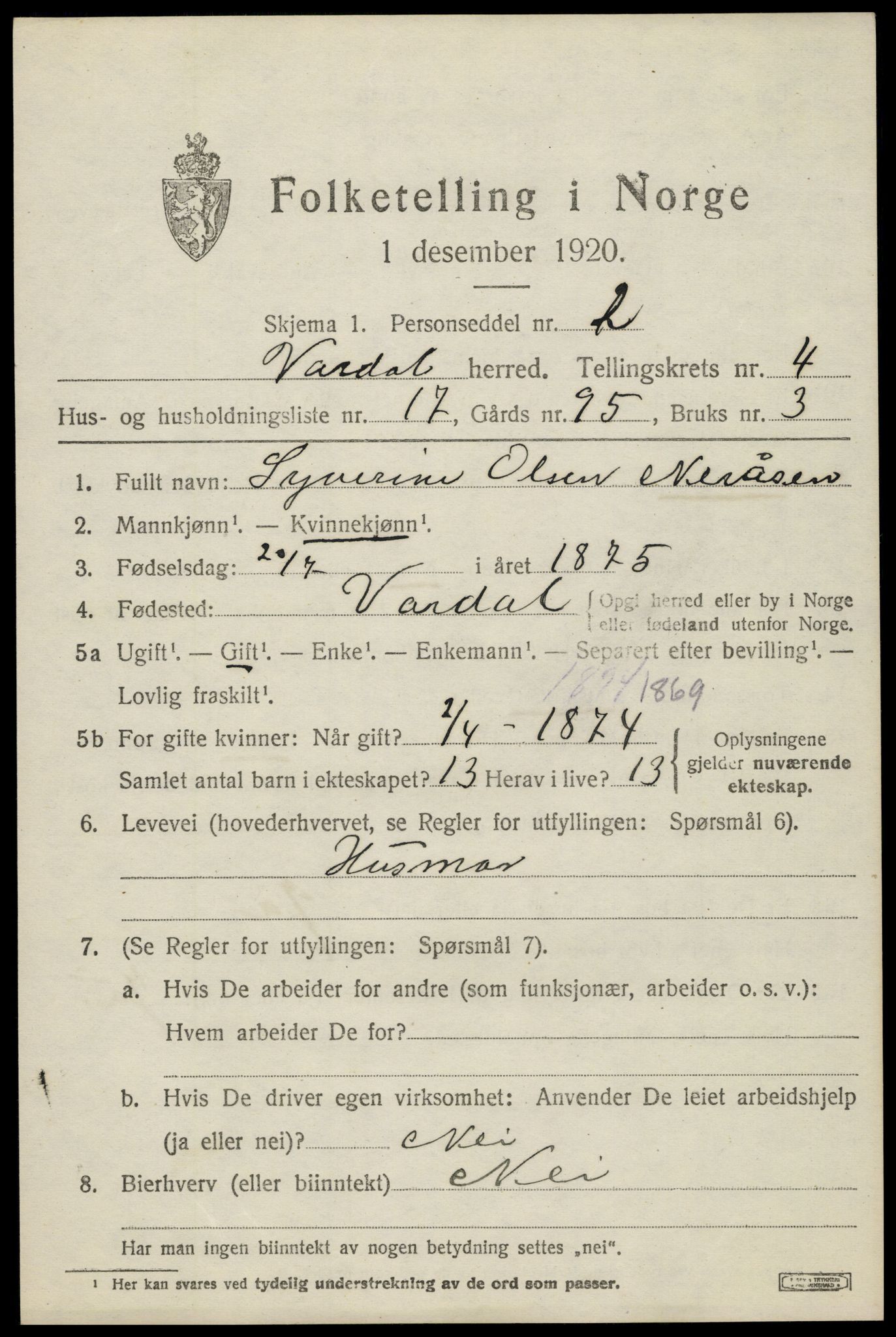 SAH, 1920 census for Vardal, 1920, p. 3023