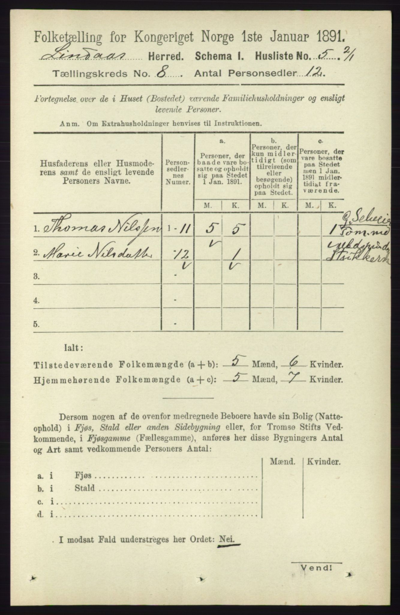 RA, 1891 census for 1263 Lindås, 1891, p. 2357