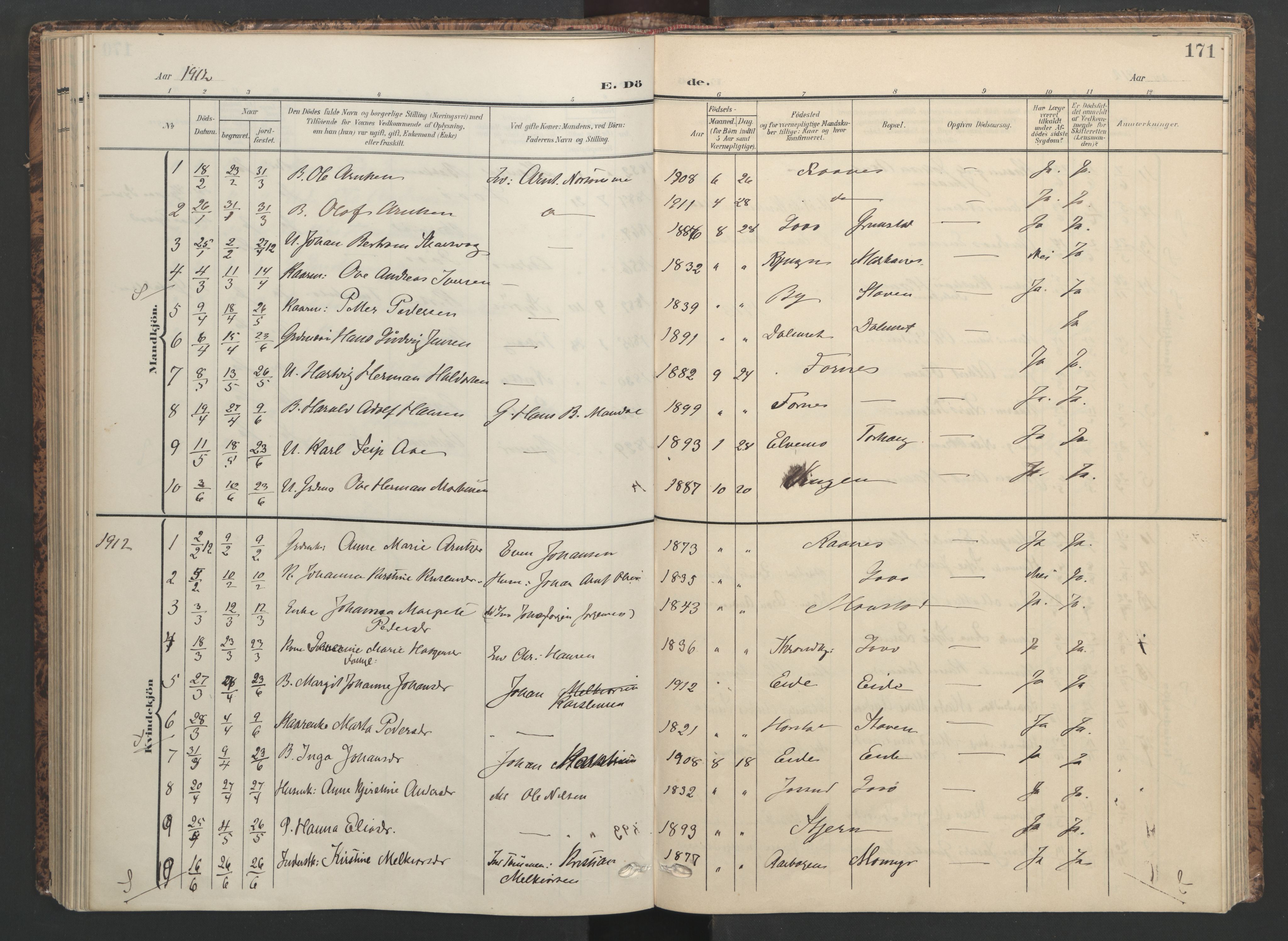 Ministerialprotokoller, klokkerbøker og fødselsregistre - Sør-Trøndelag, SAT/A-1456/655/L0682: Parish register (official) no. 655A11, 1908-1922, p. 171