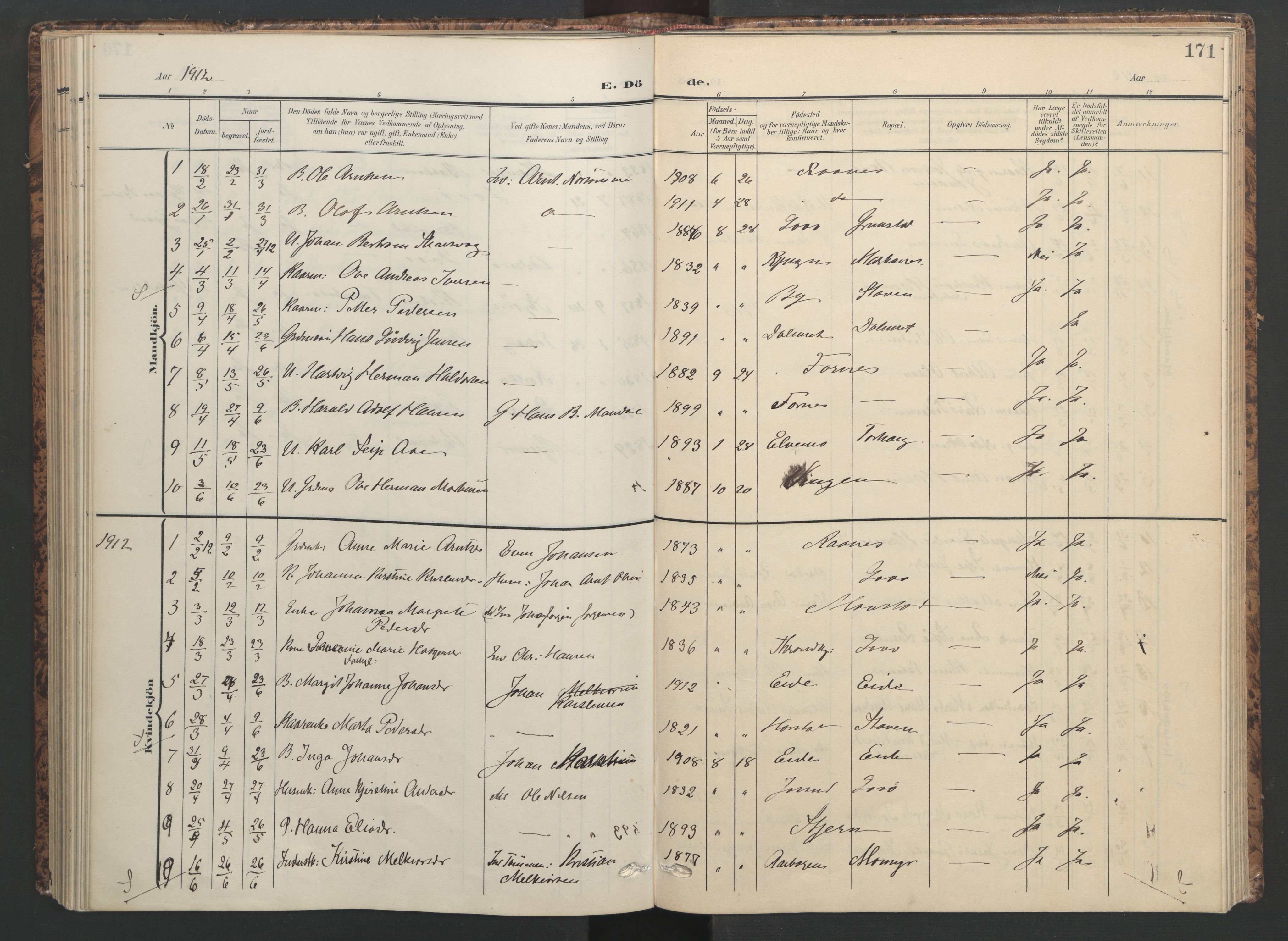 Ministerialprotokoller, klokkerbøker og fødselsregistre - Sør-Trøndelag, AV/SAT-A-1456/655/L0682: Parish register (official) no. 655A11, 1908-1922, p. 171