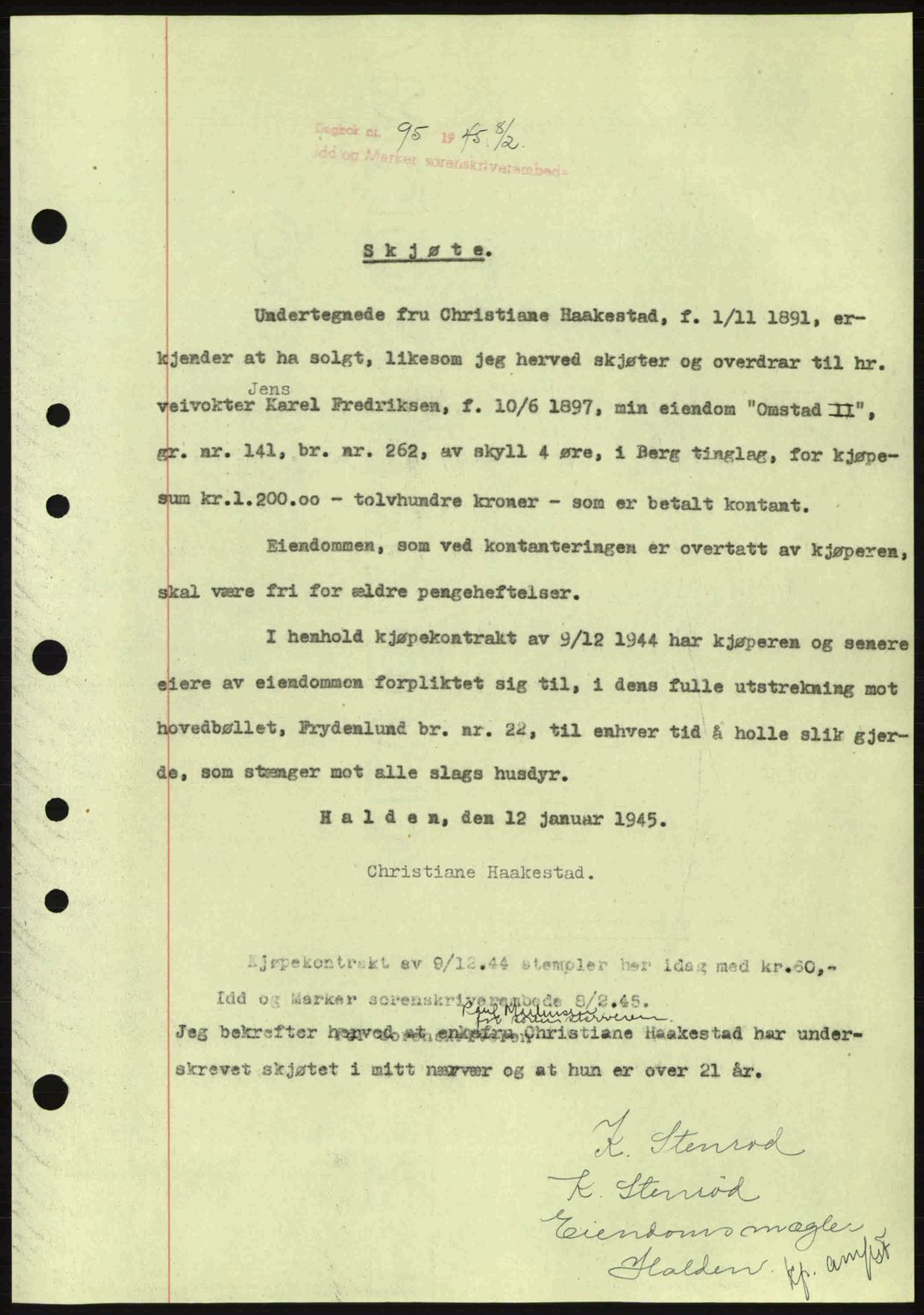 Idd og Marker sorenskriveri, AV/SAO-A-10283/G/Gb/Gbb/L0007: Mortgage book no. A7, 1944-1945, Diary no: : 95/1945