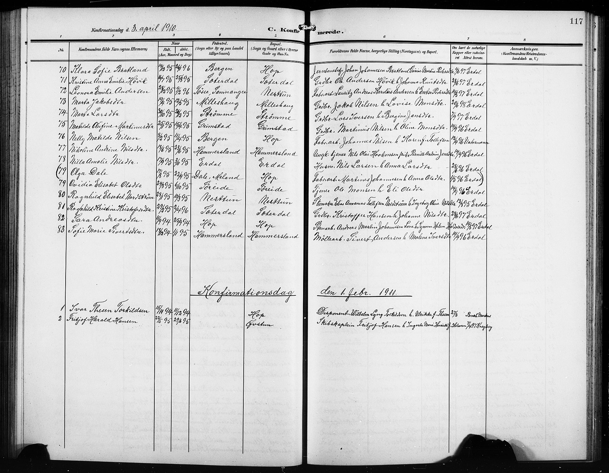 Birkeland Sokneprestembete, SAB/A-74601/H/Hab: Parish register (copy) no. A 6, 1906-1915, p. 117