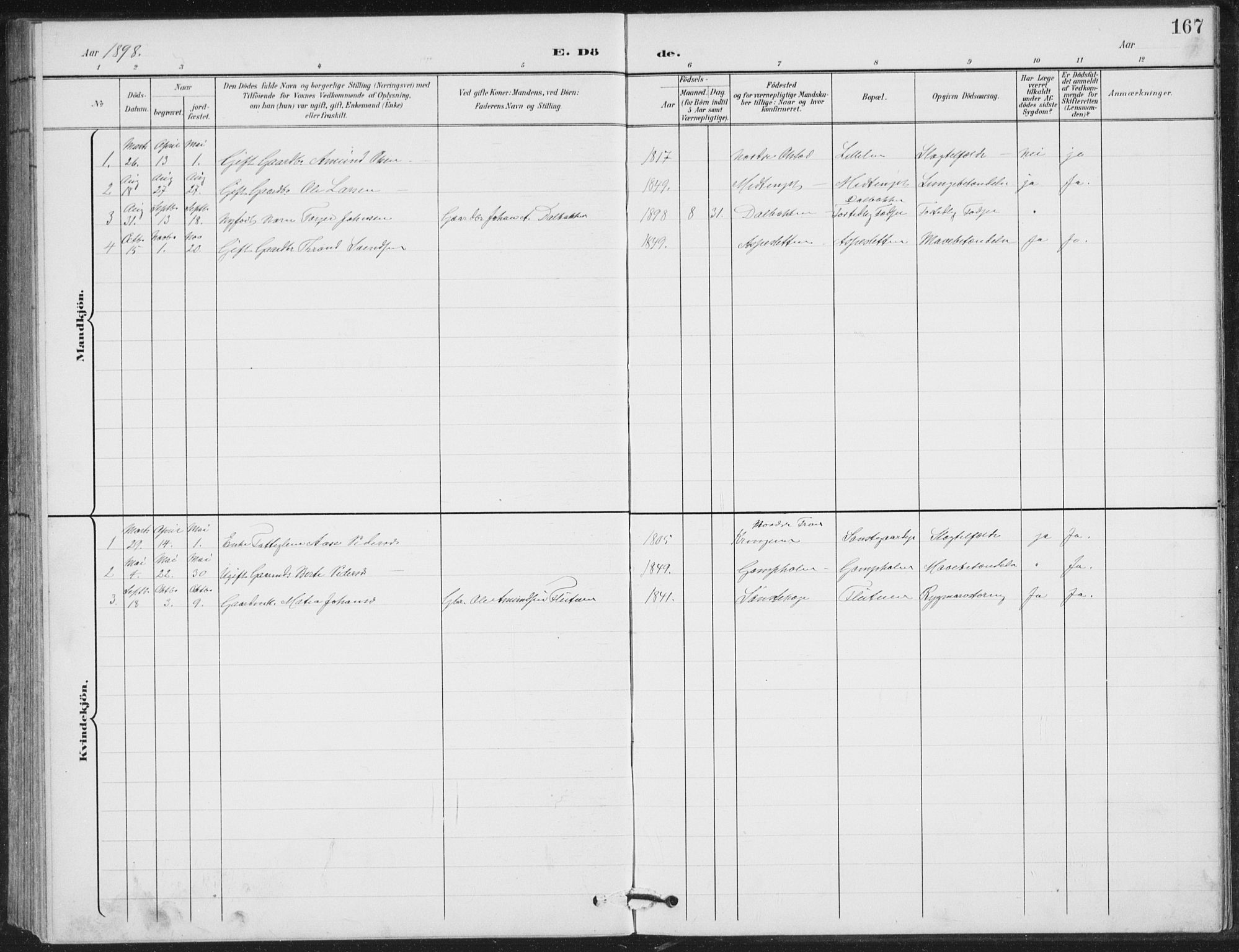 Vestre Gausdal prestekontor, SAH/PREST-094/H/Ha/Hab/L0004: Parish register (copy) no. 4, 1898-1939, p. 167