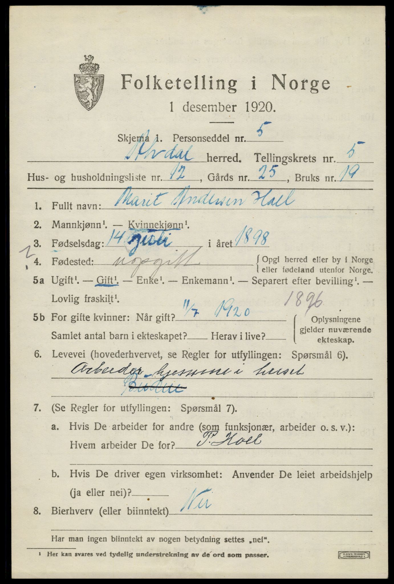 SAH, 1920 census for Alvdal, 1920, p. 5088