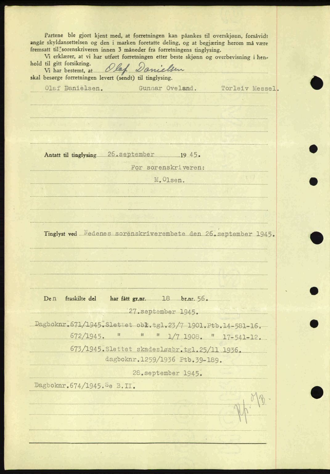 Nedenes sorenskriveri, AV/SAK-1221-0006/G/Gb/Gba/L0053: Mortgage book no. A6b, 1945-1945, Diary no: : 670/1945