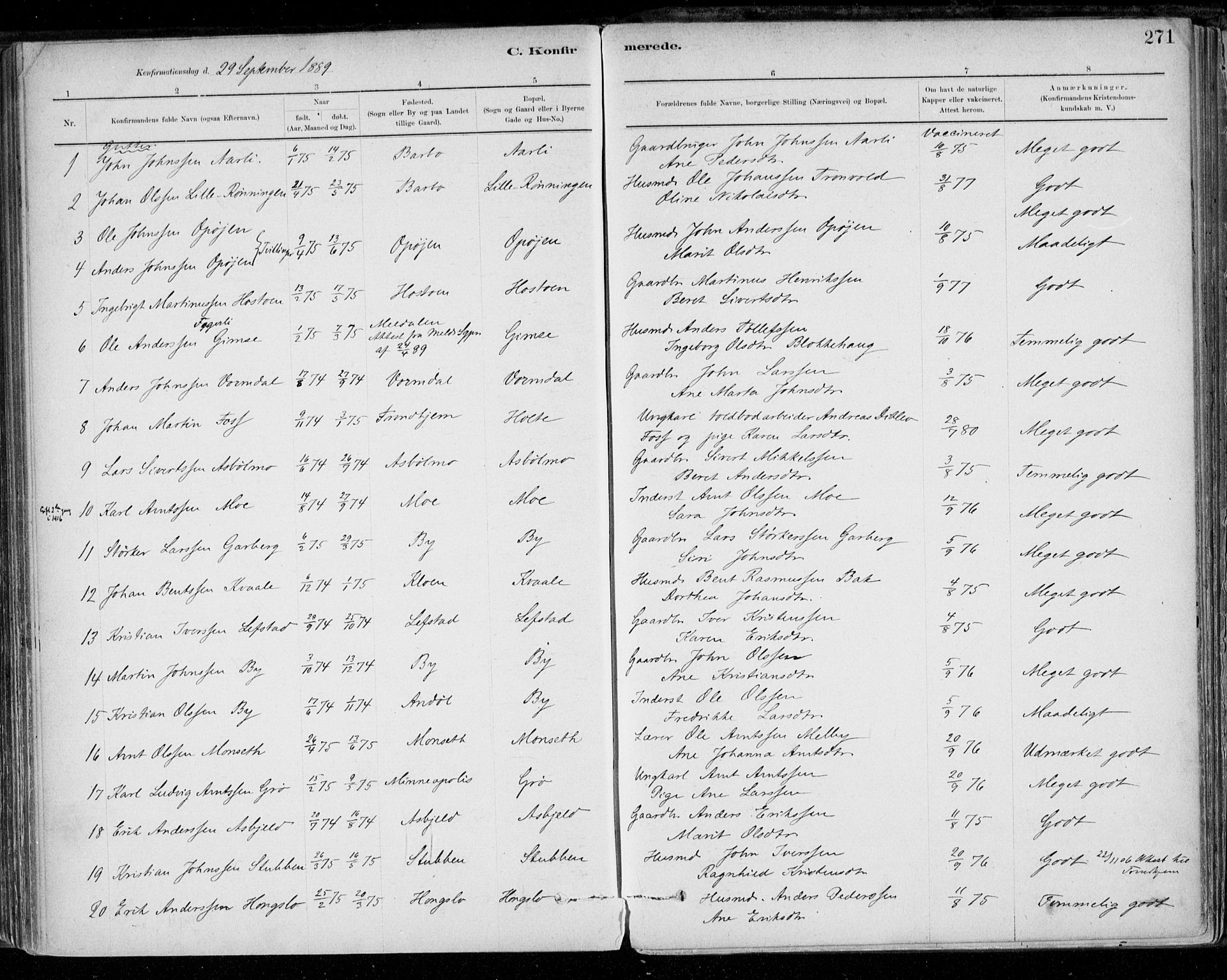 Ministerialprotokoller, klokkerbøker og fødselsregistre - Sør-Trøndelag, SAT/A-1456/668/L0809: Parish register (official) no. 668A09, 1881-1895, p. 271