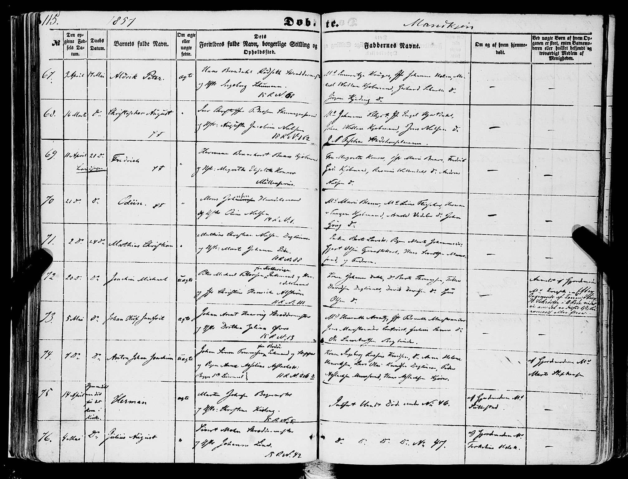 Domkirken sokneprestembete, AV/SAB-A-74801/H/Haa/L0020: Parish register (official) no. B 3, 1851-1859, p. 115