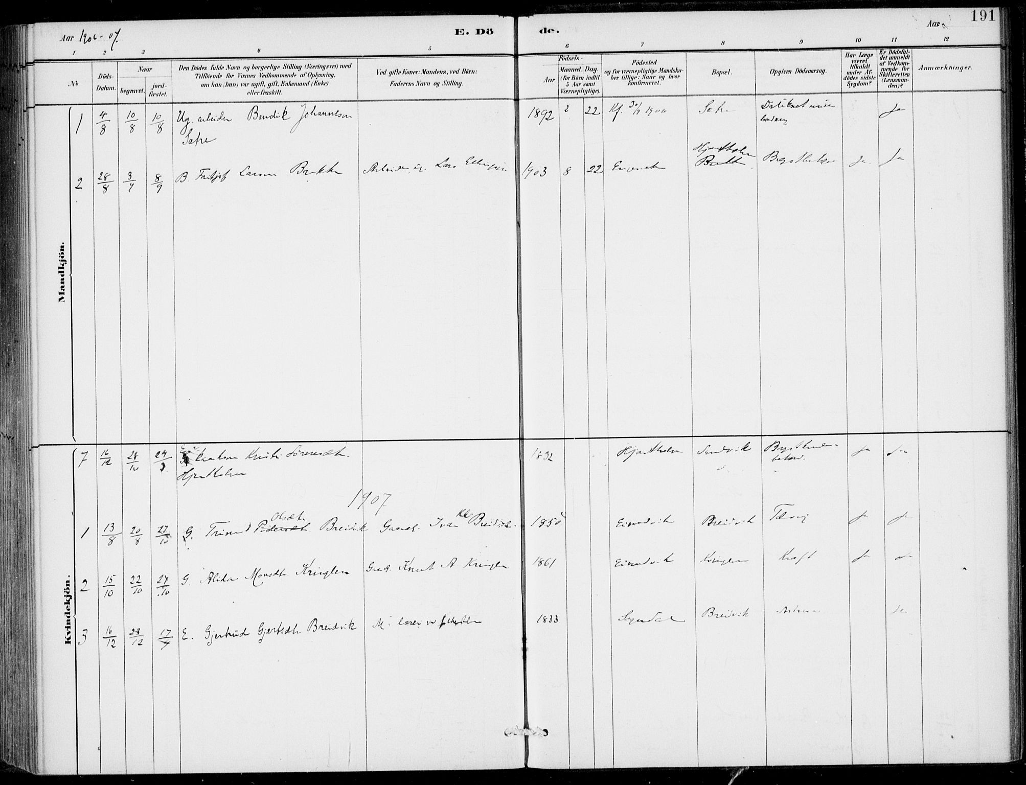 Gulen sokneprestembete, SAB/A-80201/H/Haa/Haac/L0002: Parish register (official) no. C  2, 1882-1914, p. 191