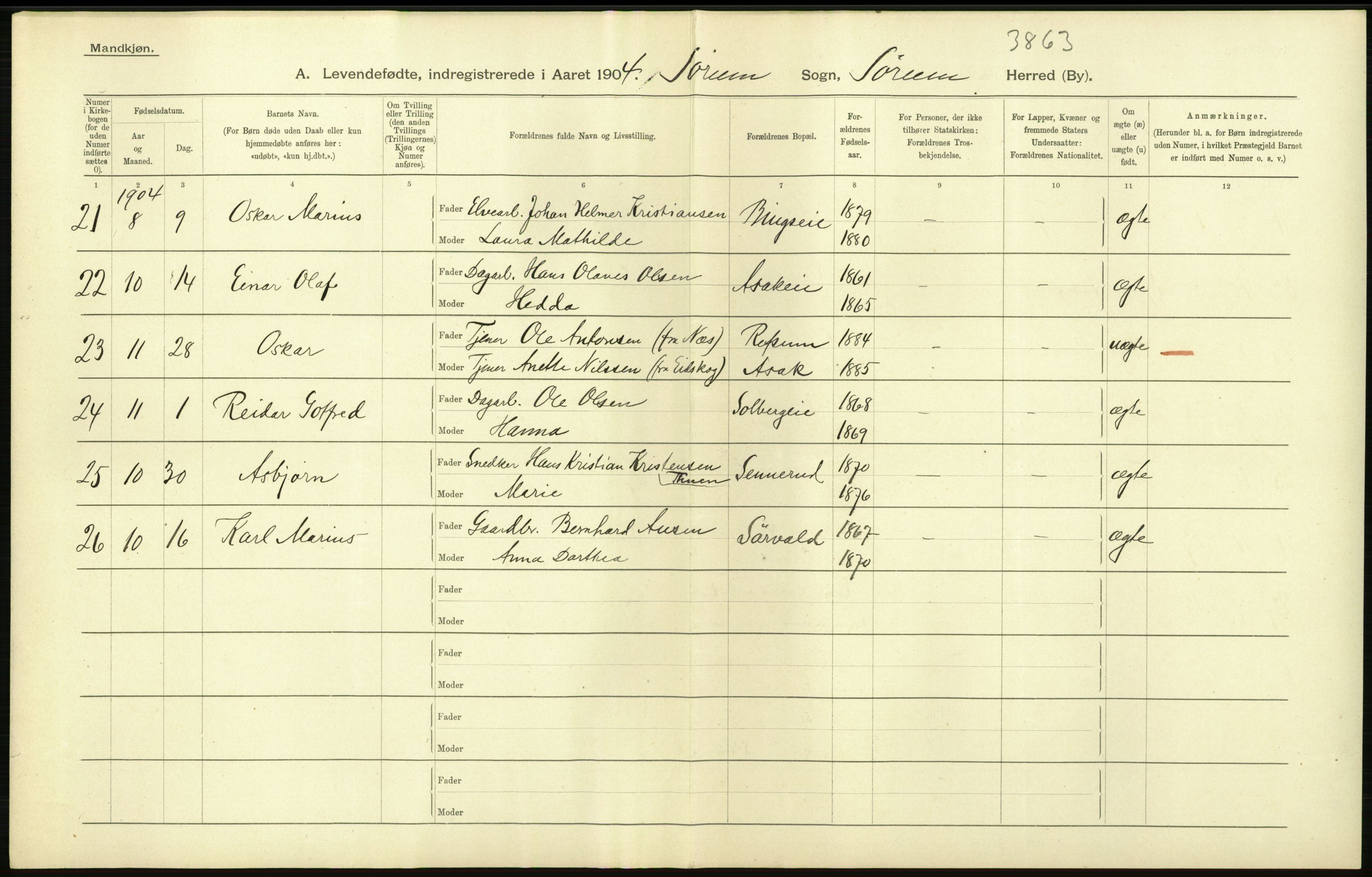 Statistisk sentralbyrå, Sosiodemografiske emner, Befolkning, AV/RA-S-2228/D/Df/Dfa/Dfab/L0002: Akershus amt: Fødte, gifte, døde, 1904, p. 68