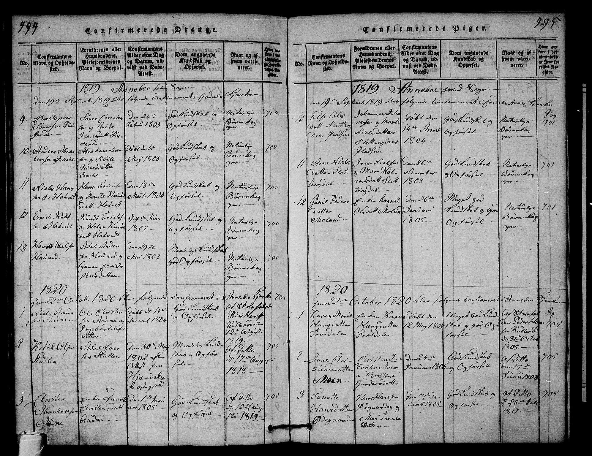 Andebu kirkebøker, AV/SAKO-A-336/G/Ga/L0001: Parish register (copy) no. I 1 /1, 1815-1823, p. 494-495