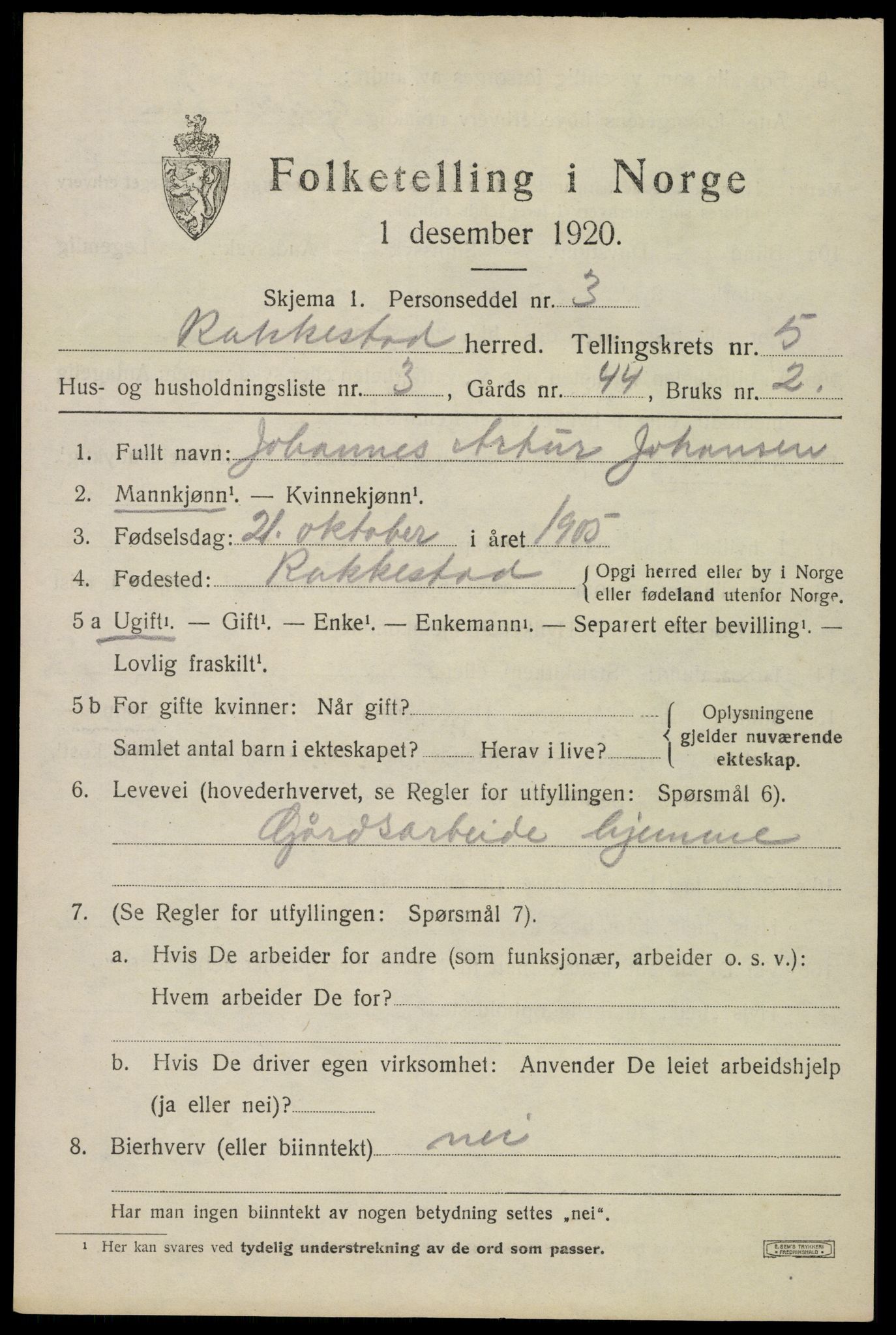 SAO, 1920 census for Rakkestad, 1920, p. 6025