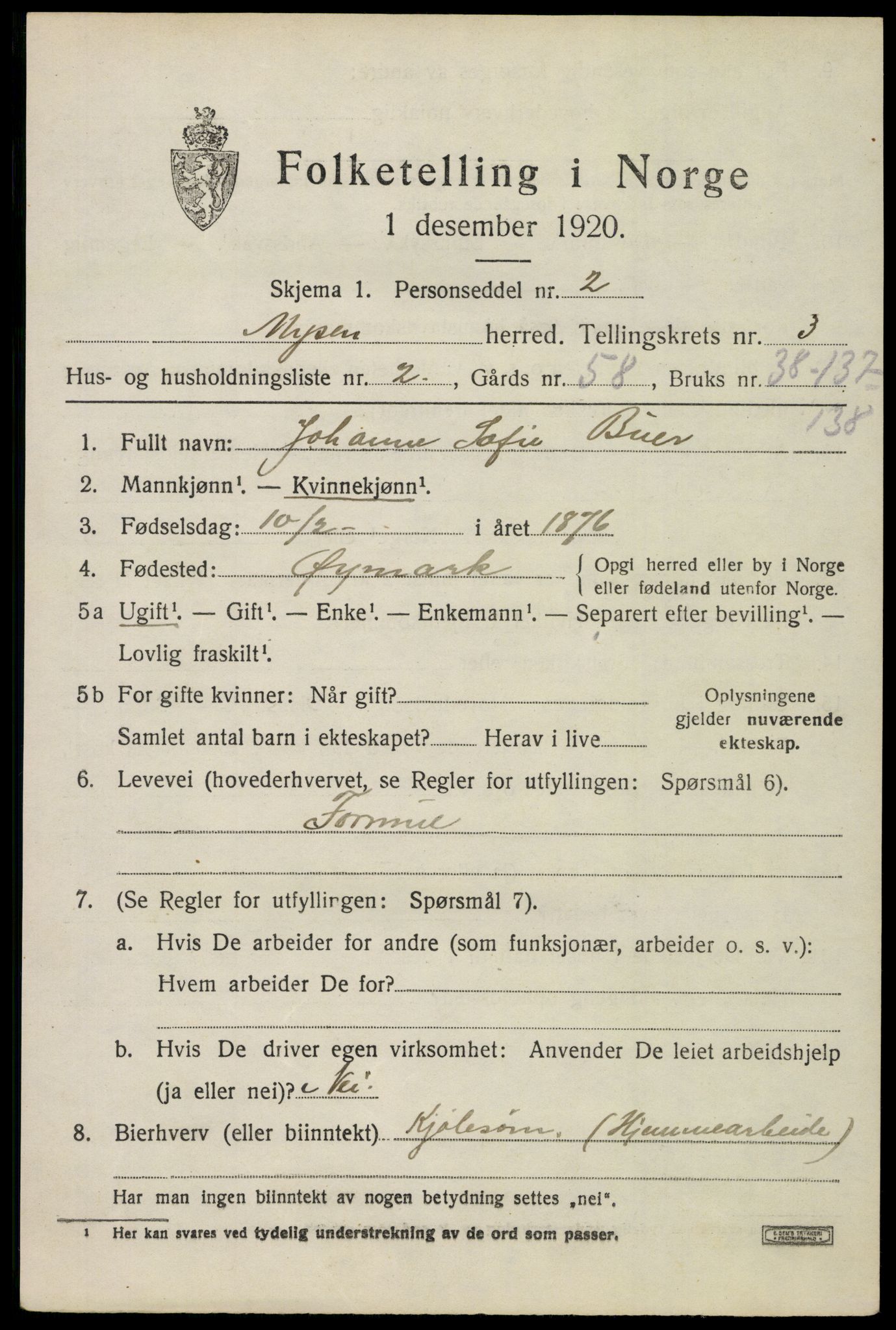 SAO, 1920 census for Mysen, 1920, p. 1877